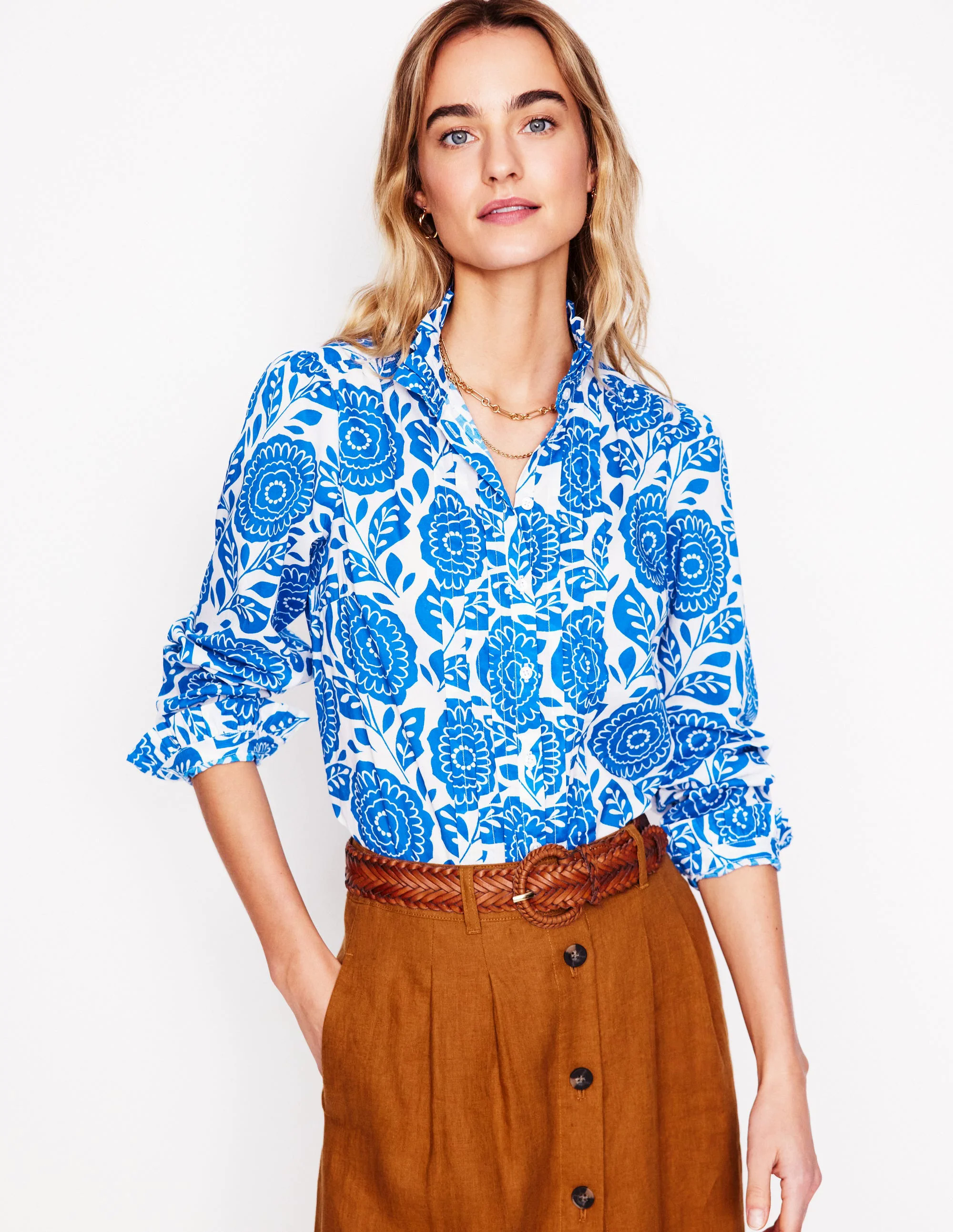Felicity Cotton Blouse-Gallery Blue, Dahlia Stamp Felicity Cotton Blouse-Gallery Blue, Dahlia Stamp