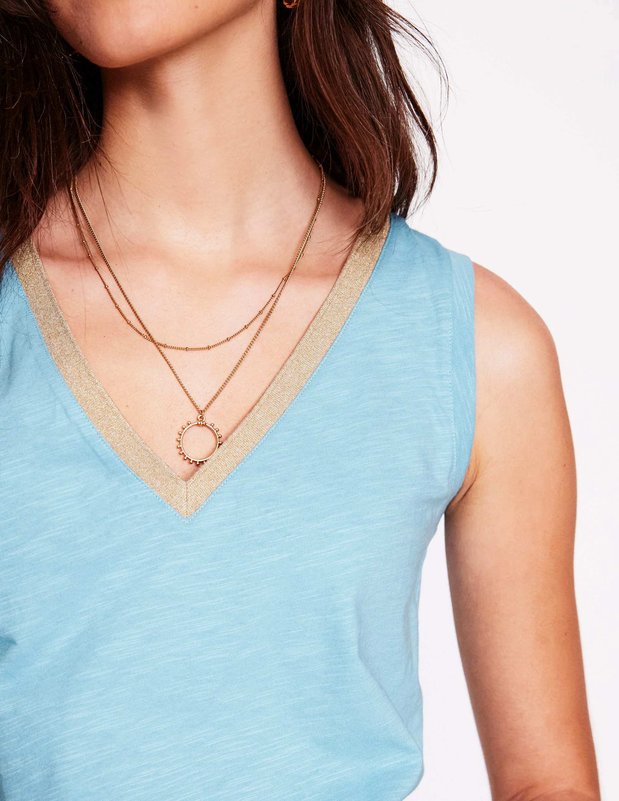 Metallic Trim V Neck Vest-Soft Blue