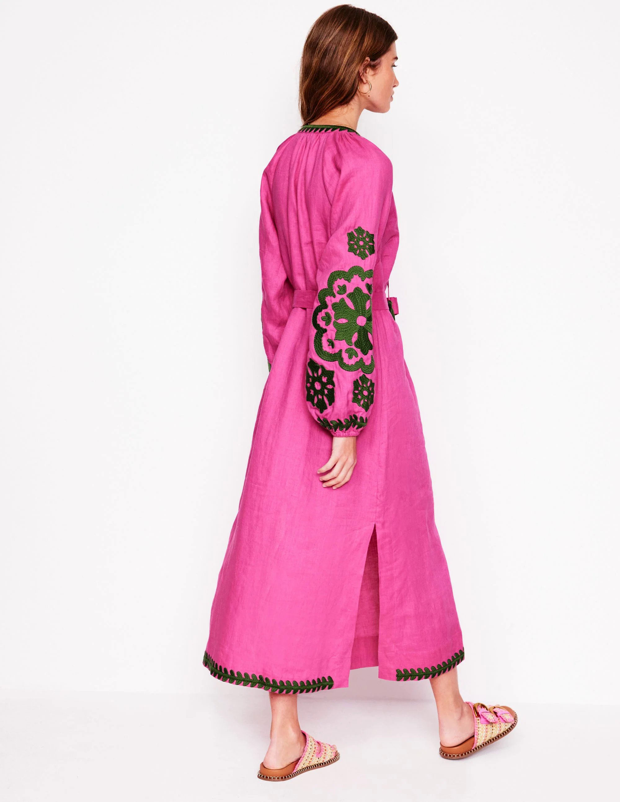 Embroidered Linen Tassel Dress-Sorbet Pink