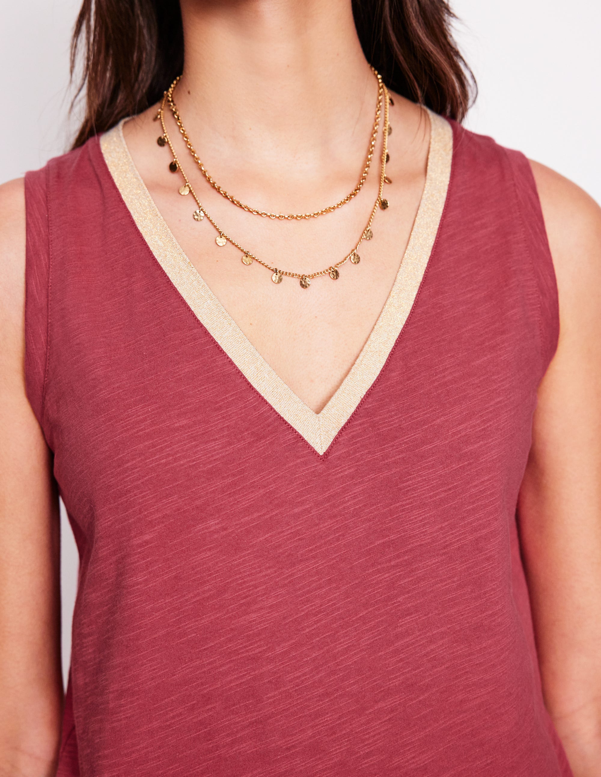 Metallic Trim V Neck Vest-Terracotta Red
