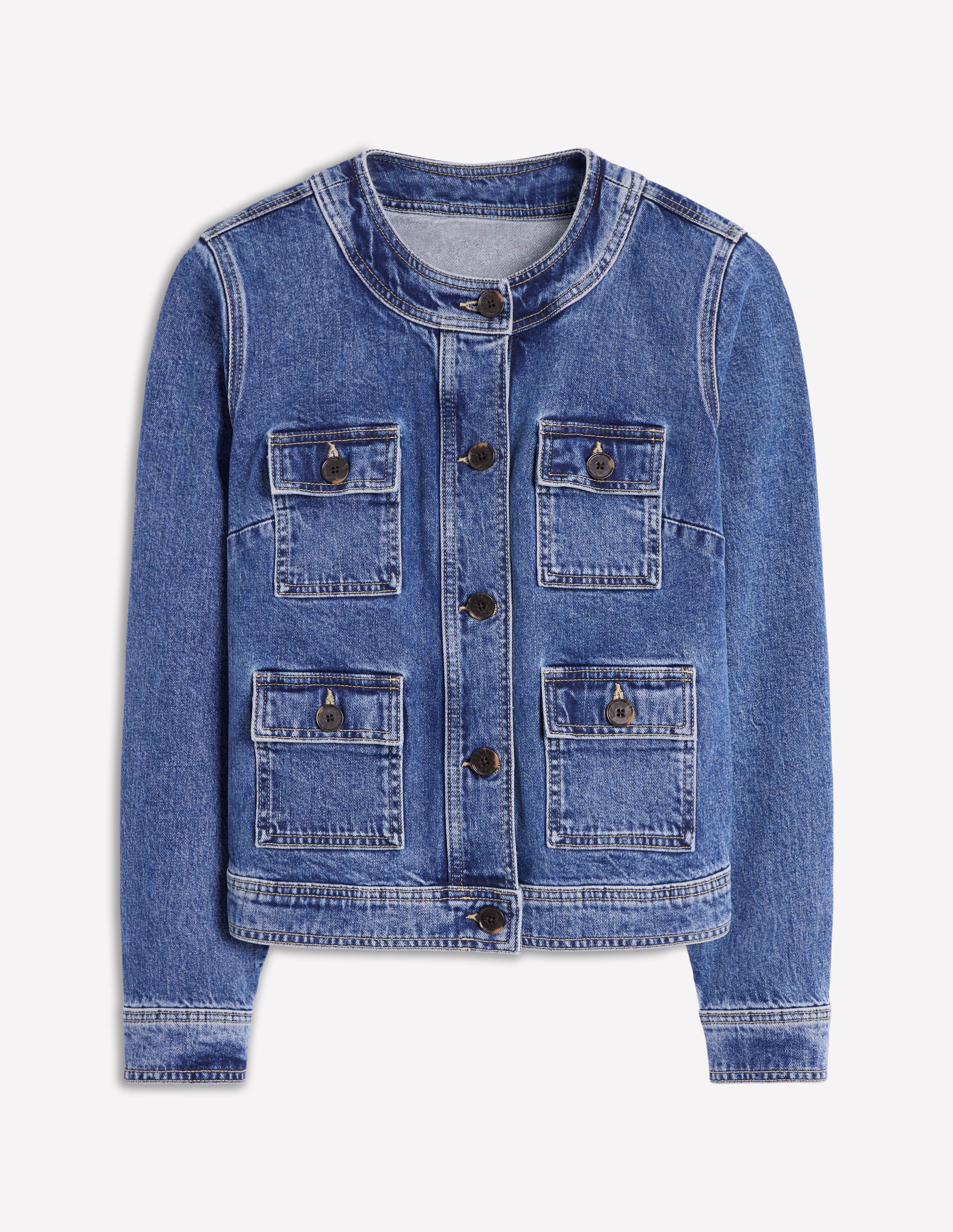 Collarless Casual Jacket-Mid Wash Denim Collarless Casual Jacket-Mid Wash Denim