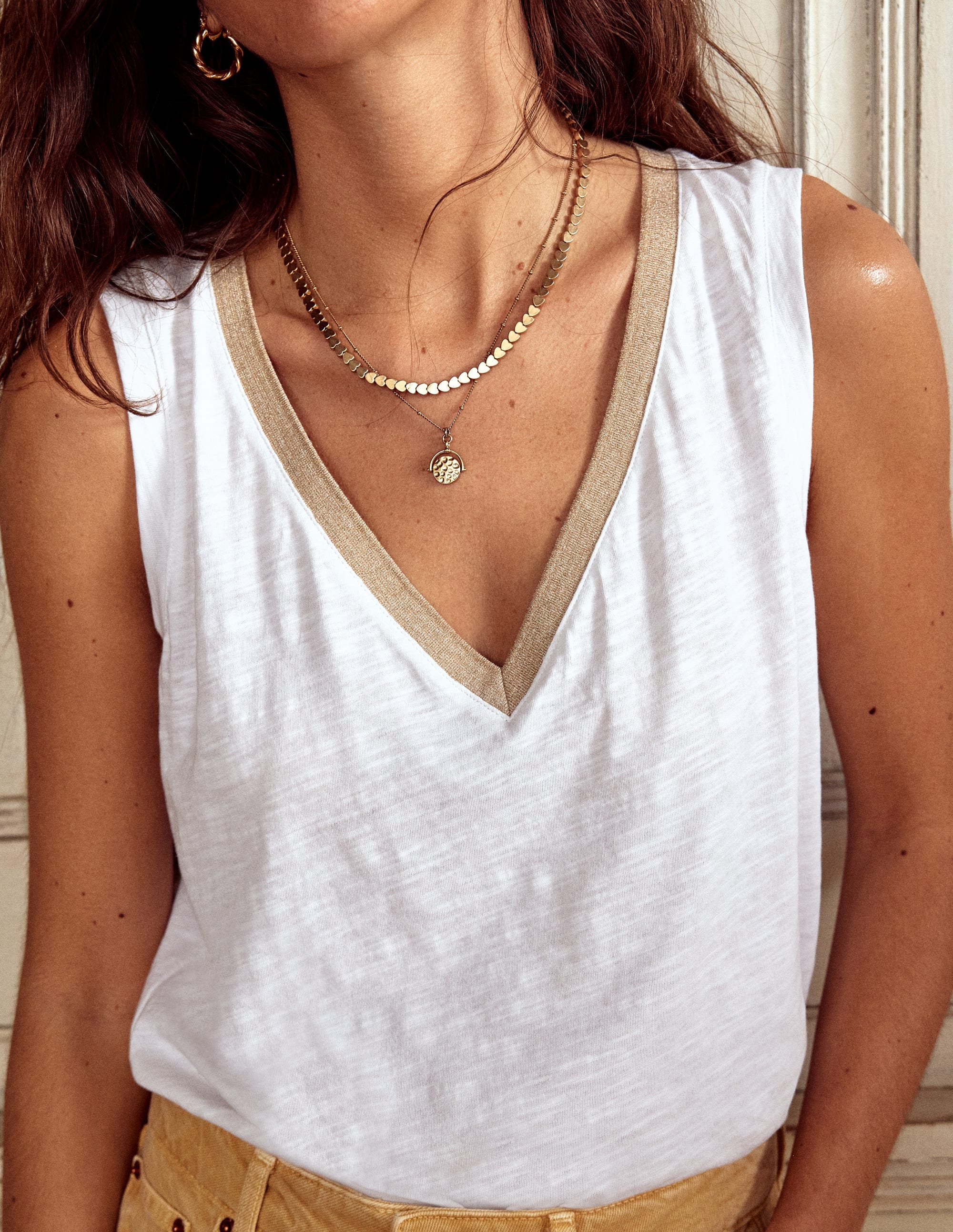 Metallic Trim V Neck Vest-White Metallic Trim V Neck Vest-White