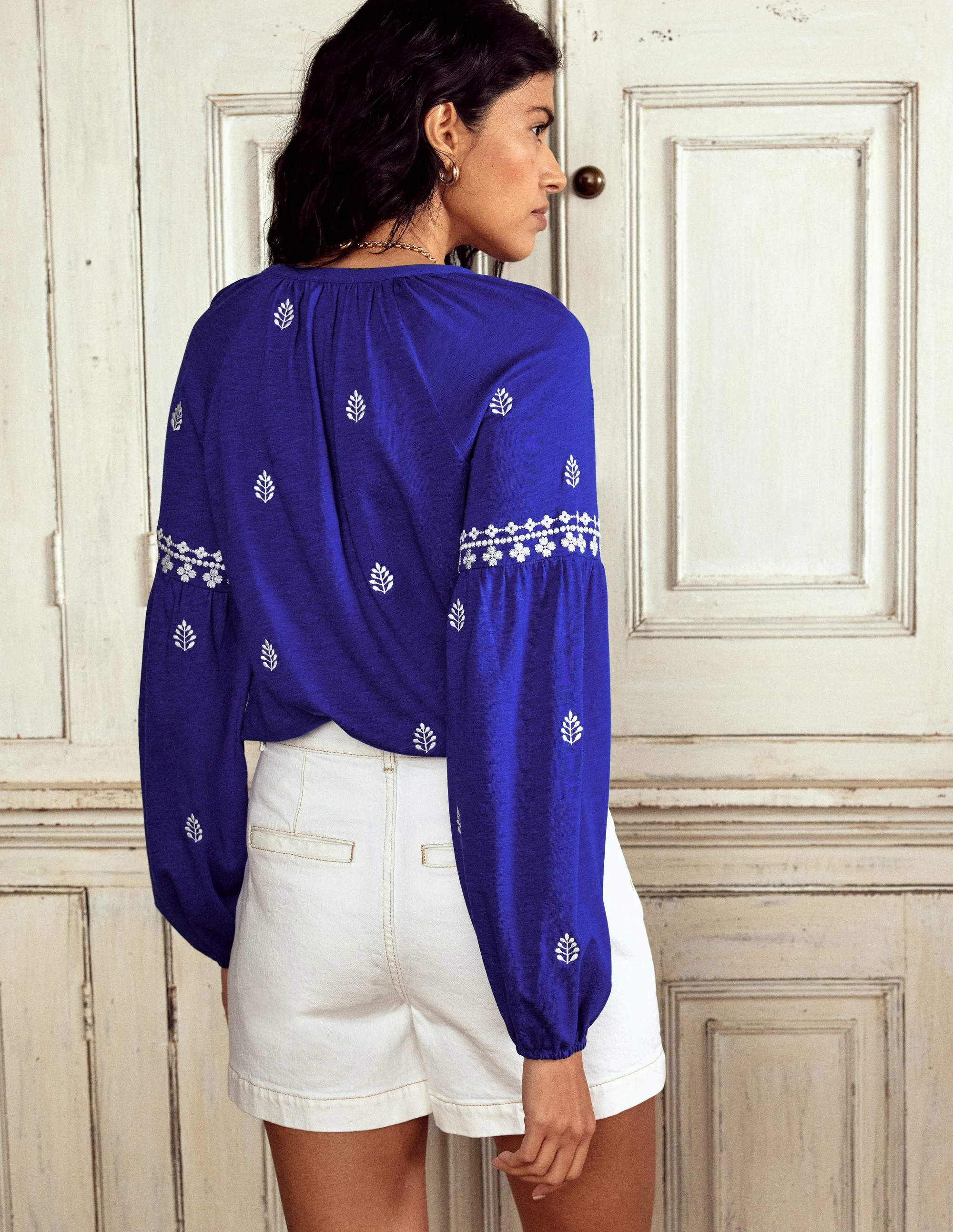 Embroidered Seam Sleeve Shirt-Bright Blue Embroidered Seam Sleeve Shirt-Bright Blue
