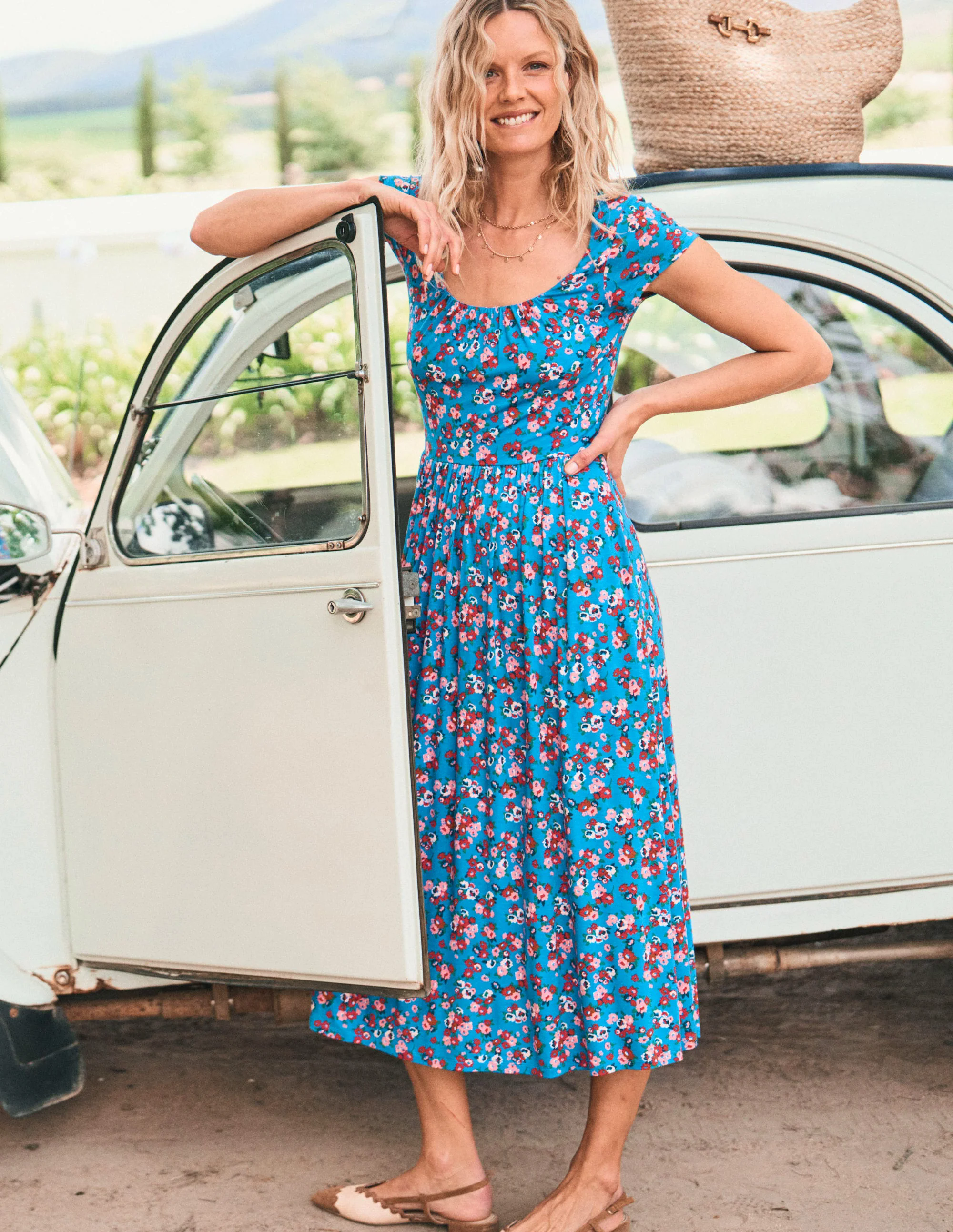 Samantha Scoop Jersey Dress-Cerulean Blue, Painterly Posy