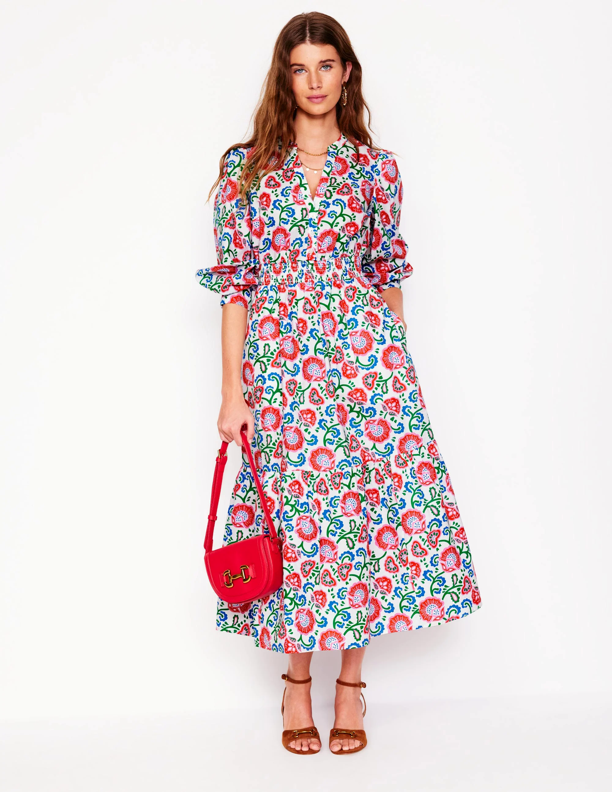 Elena Tiered Cotton Midi Dress-Ivory, Garden Vine