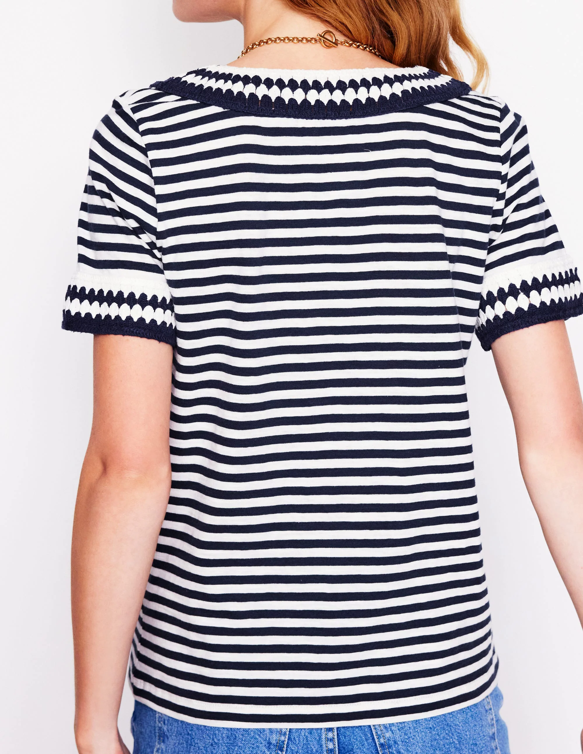 Fae Crochet T-shirt-Ivory, Navy