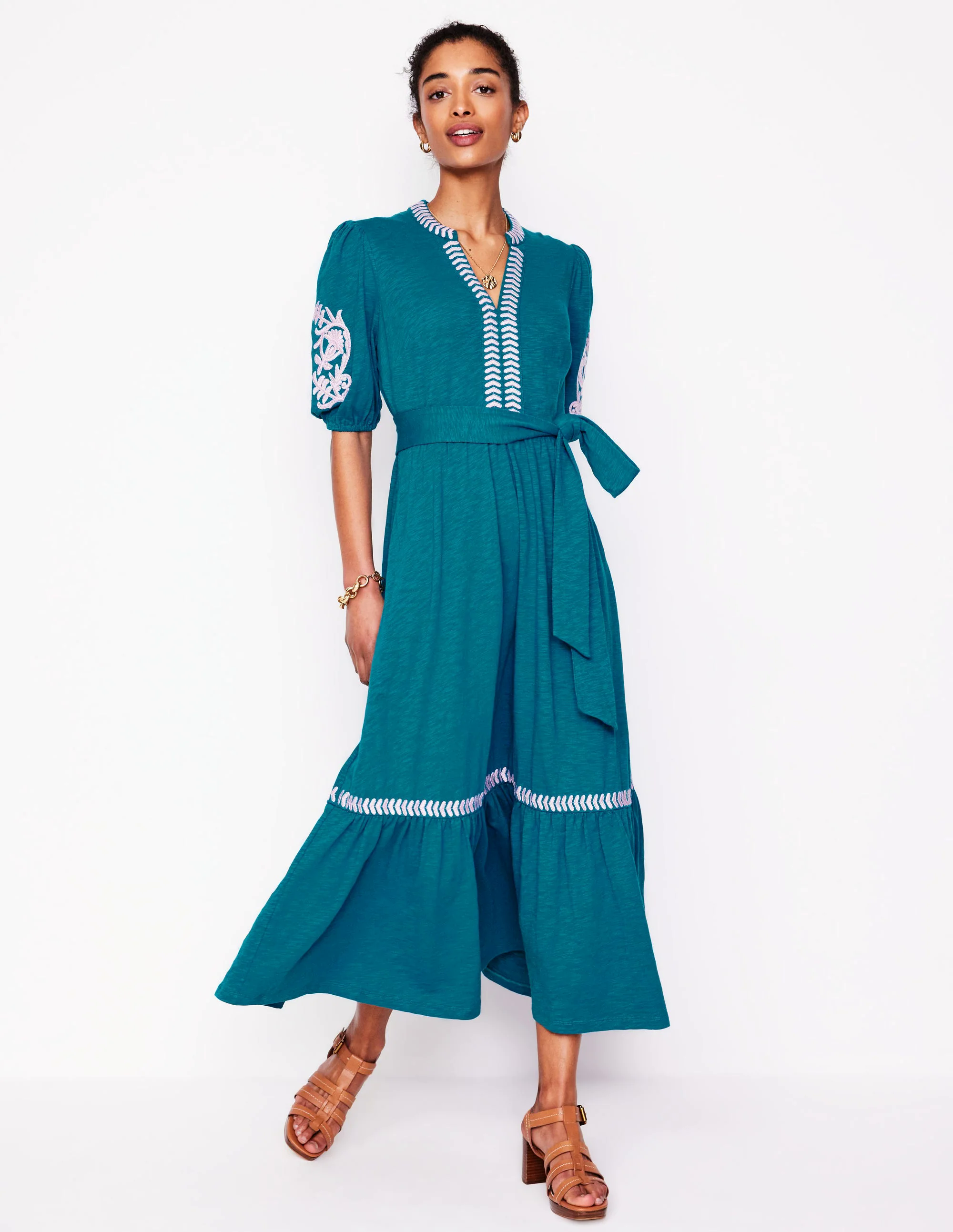 Amara Embroidered Jersey Dress-Deep Sea, Meadowsweet Pink Amara Embroidered Jersey Dress-Deep Sea, Meadowsweet Pink
