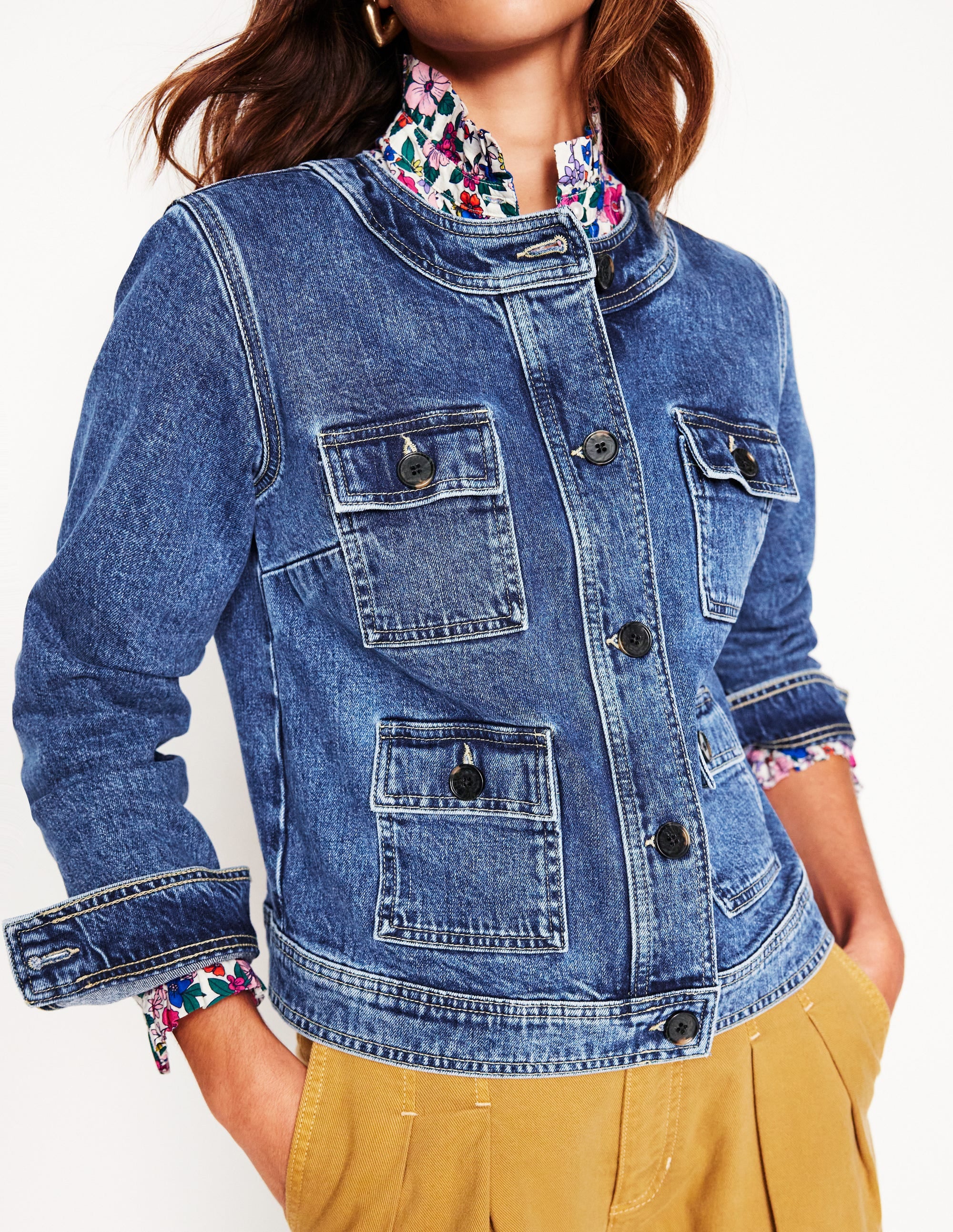 Collarless Casual Jacket-Mid Wash Denim Collarless Casual Jacket-Mid Wash Denim