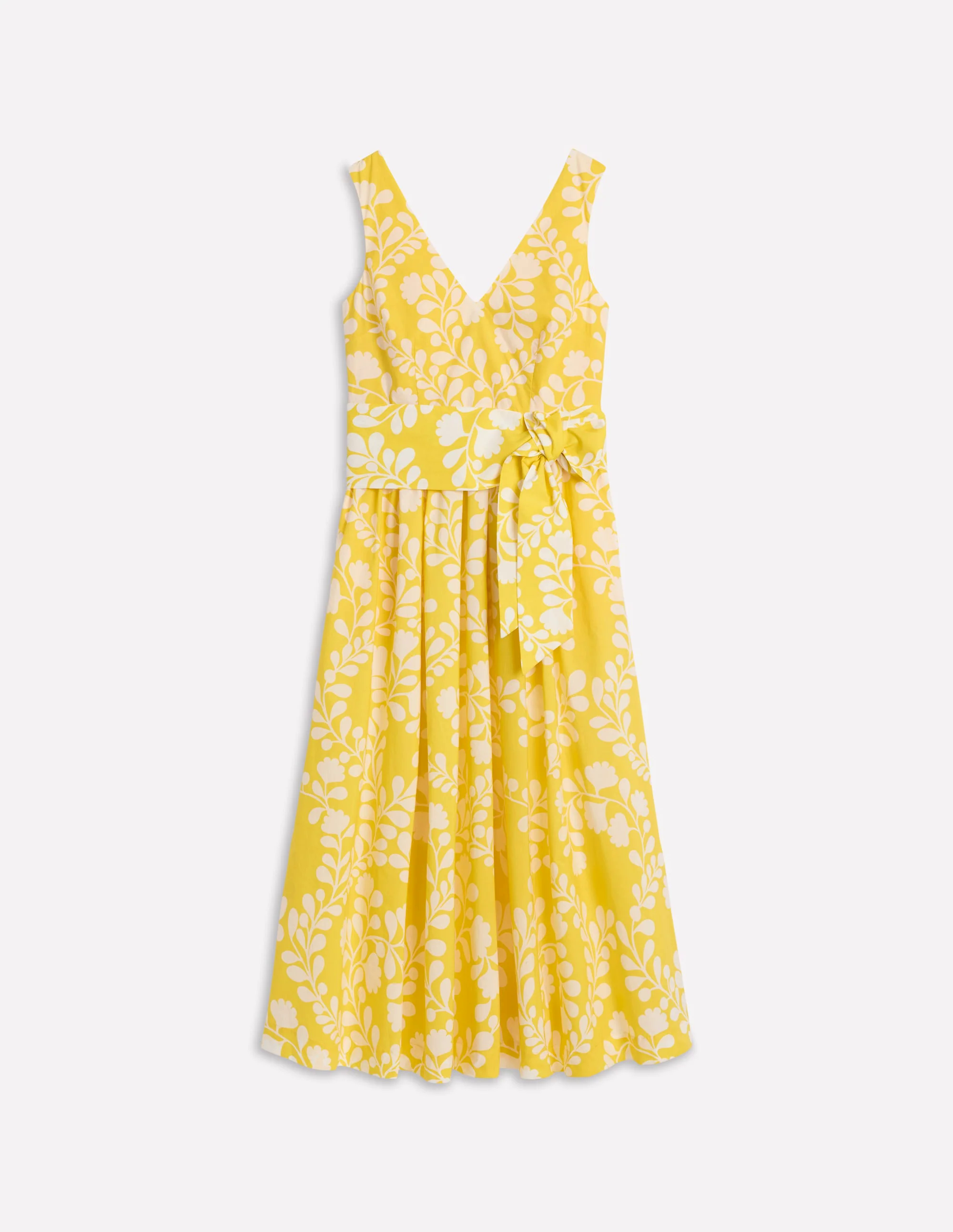 V-Neck Belted Flare Dress-Yellow, Vine Silhouette