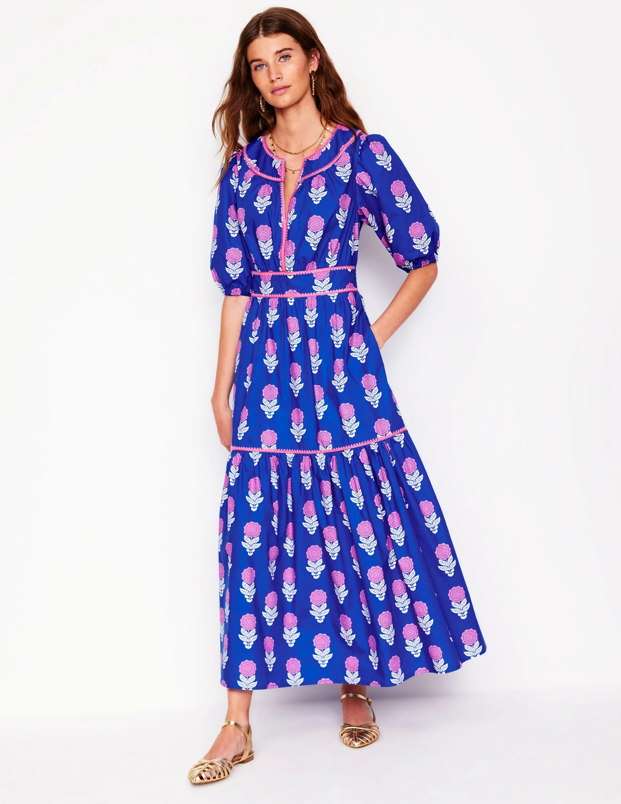 Rhea Embroidered Midi Dress-Gallery Blue, Dahlia Sprig