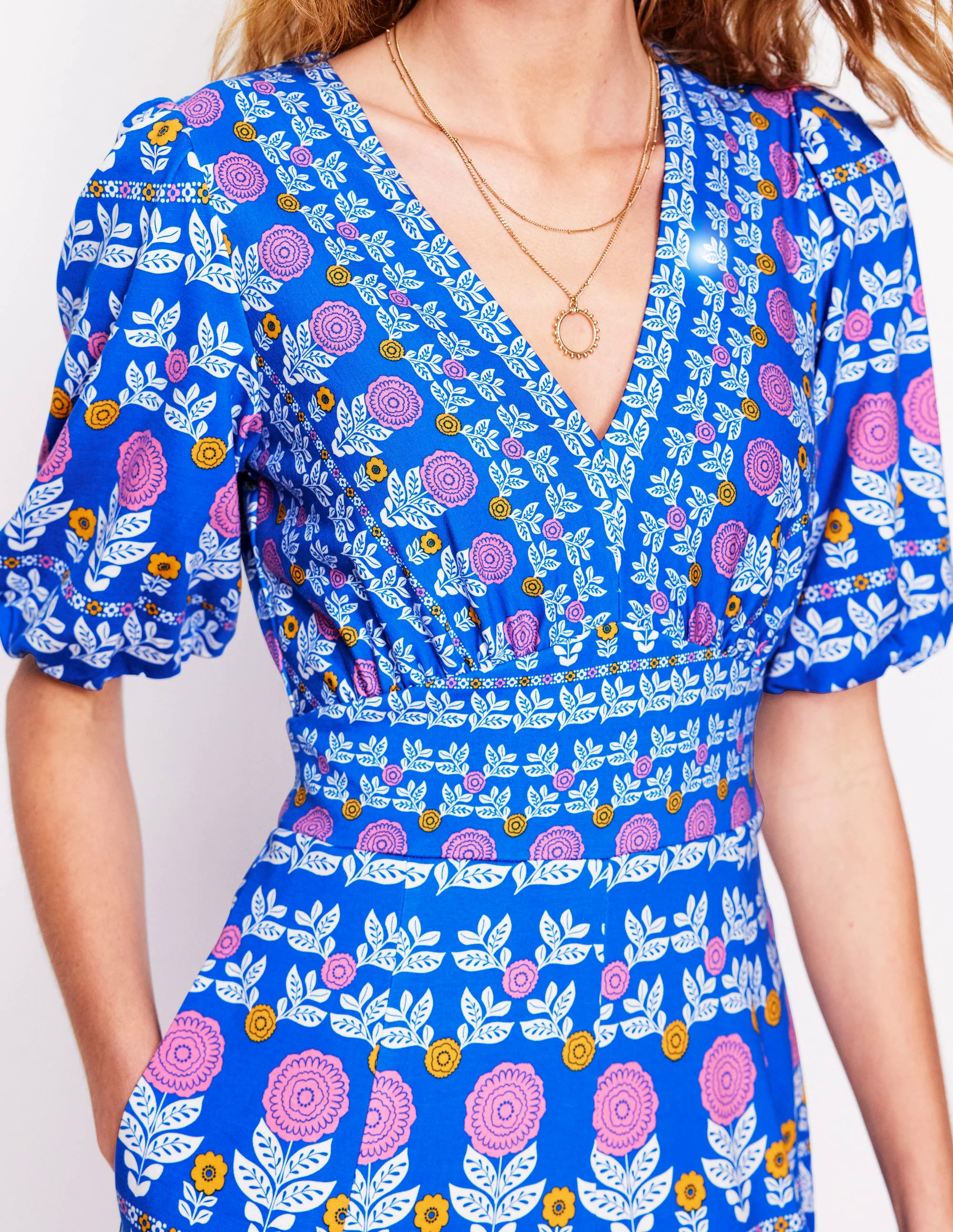 Ponte Puff Sleeve Tea Dress-Gallery Blue, Dahlia Garden