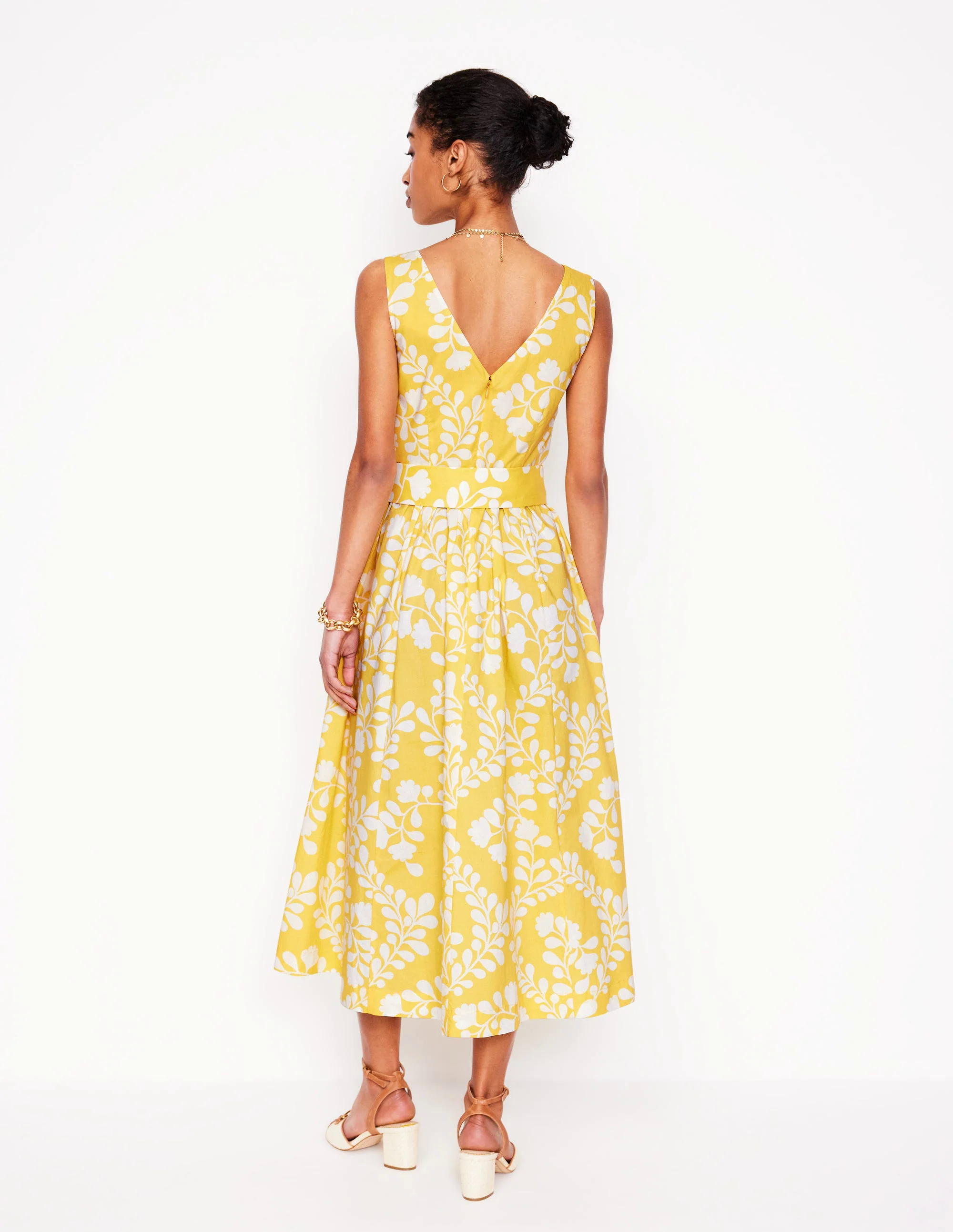 V-Neck Belted Flare Dress-Yellow, Vine Silhouette