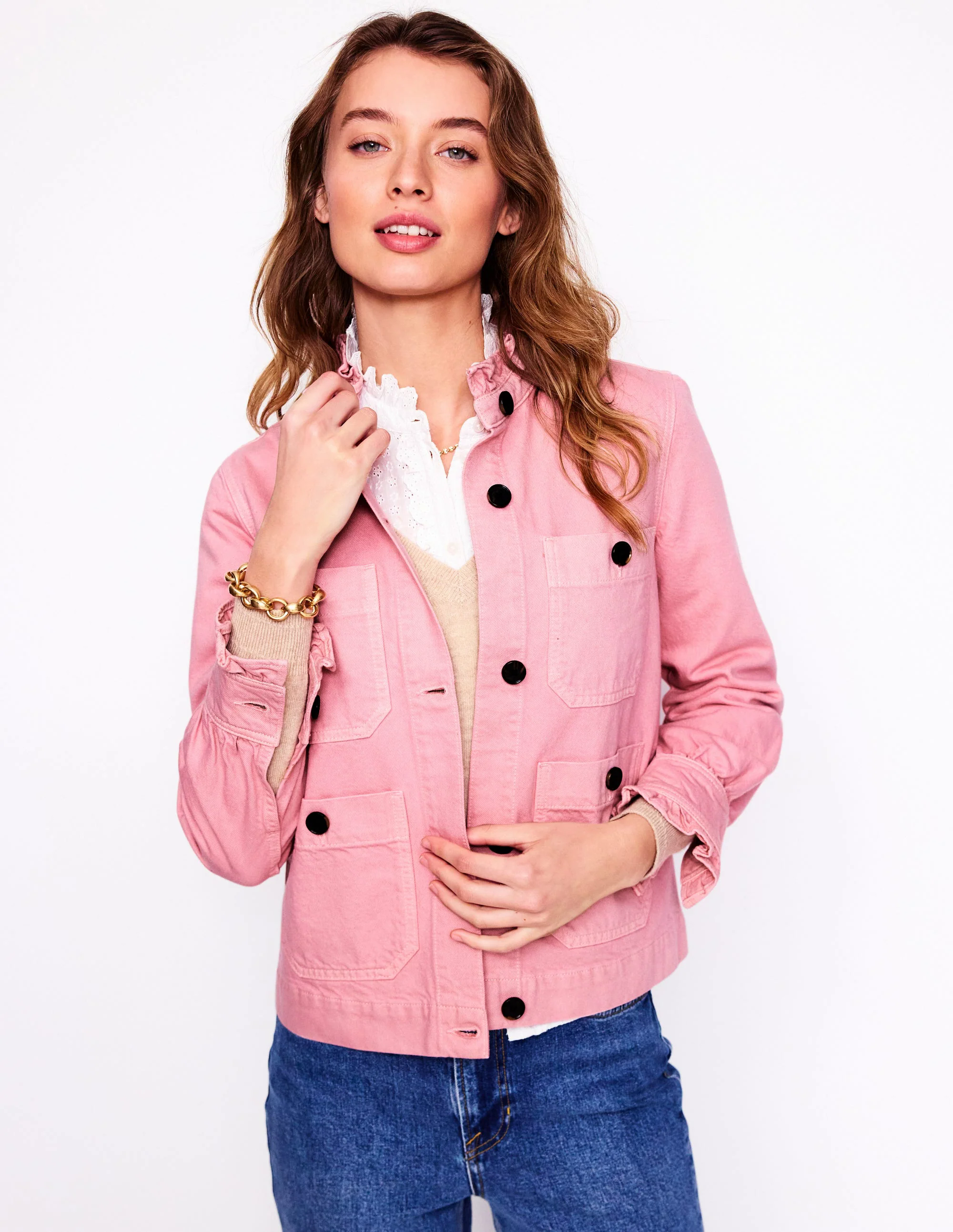 Denim Frill Collar Jacket-Almond Pink Denim Frill Collar Jacket-Almond Pink