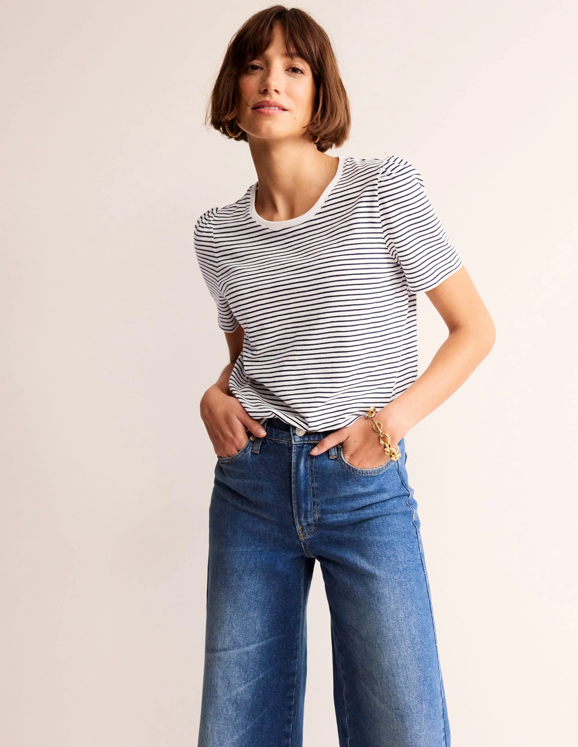 Cotton Puff Sleeve T-Shirt-Ivory, Navy Stripe