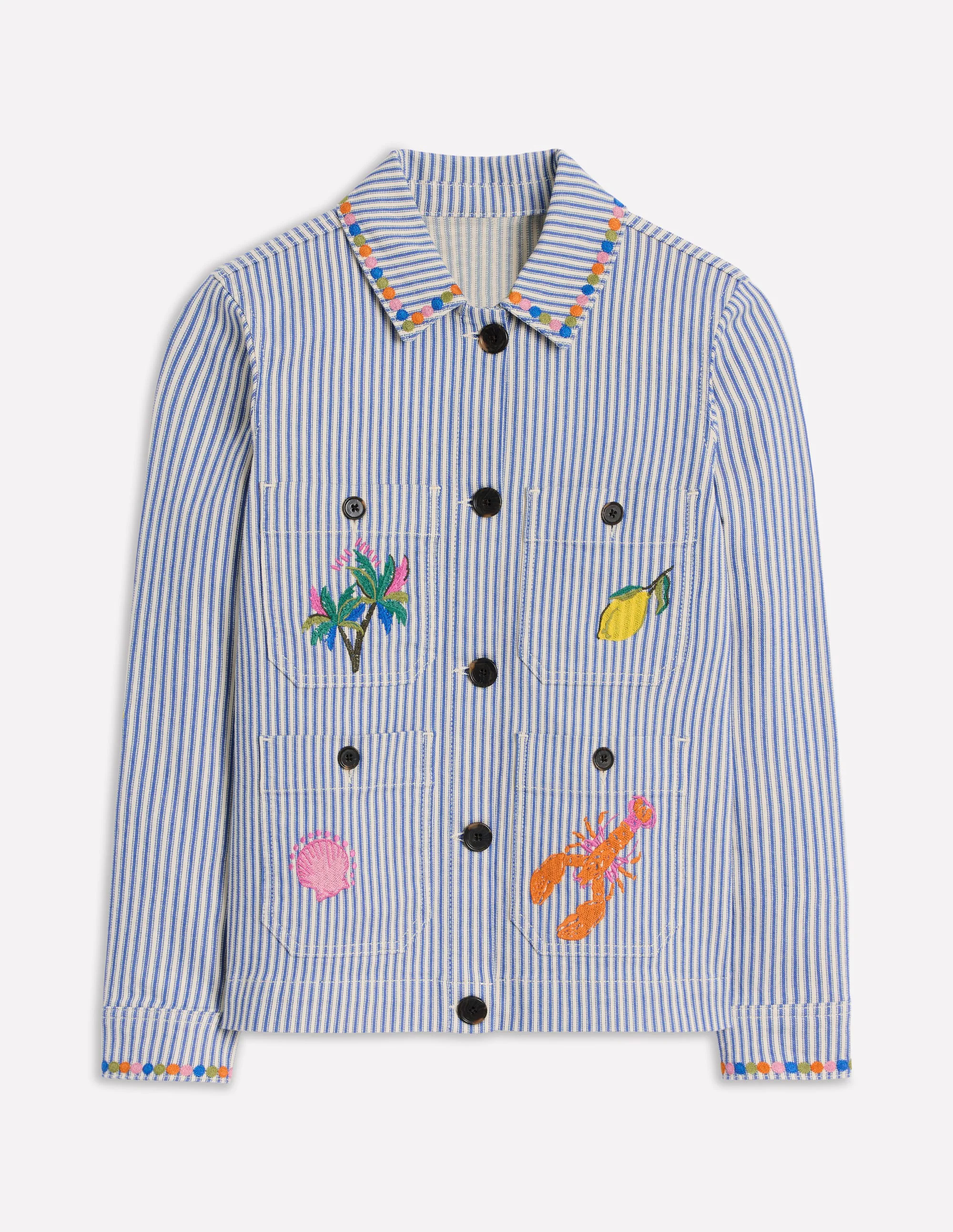 Embroidered Utility Jacket-Forget me not Blue Fine Stripe Embroidered Utility Jacket-Forget me not Blue Fine Stripe
