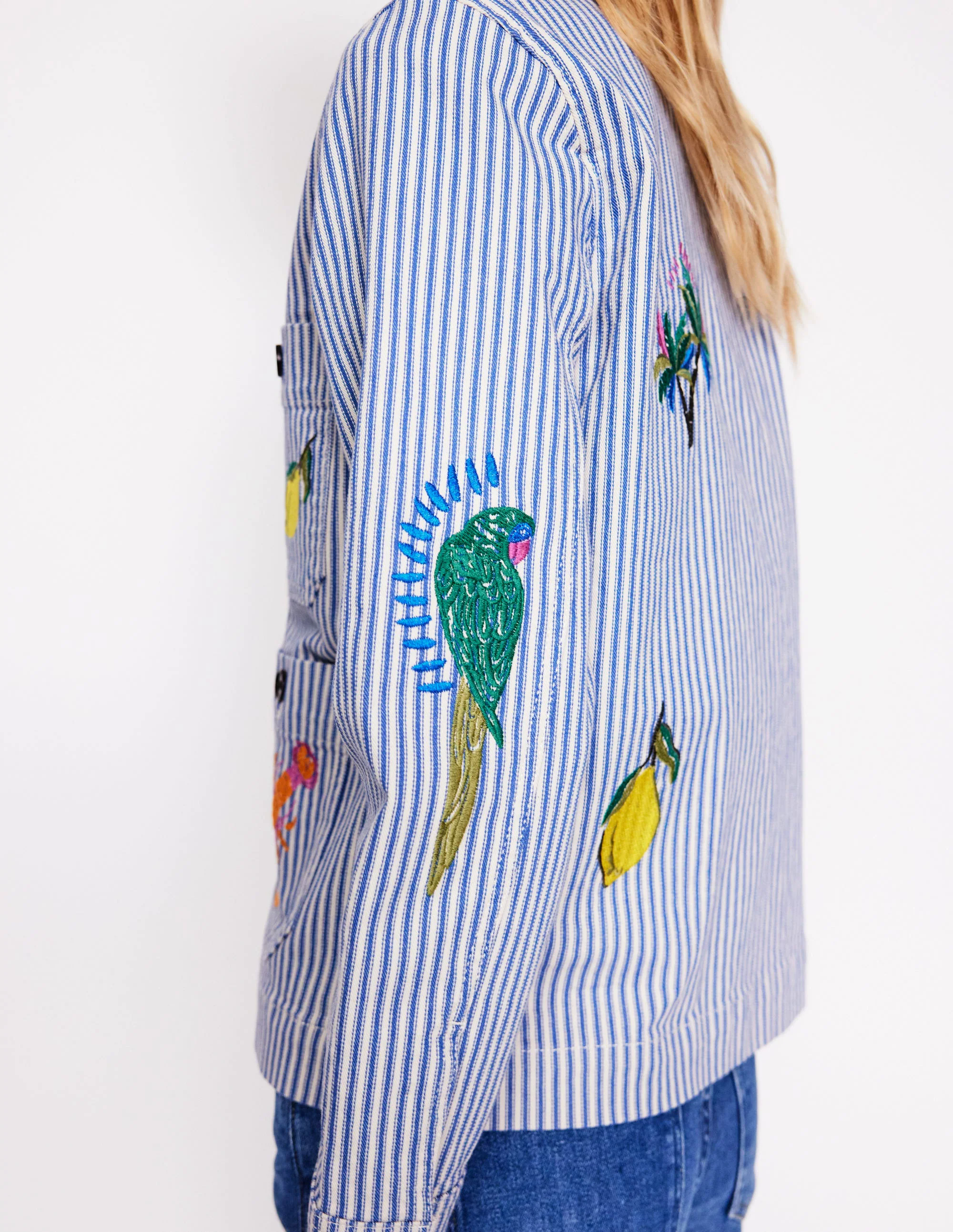 Embroidered Utility Jacket-Forget me not Blue Fine Stripe Embroidered Utility Jacket-Forget me not Blue Fine Stripe