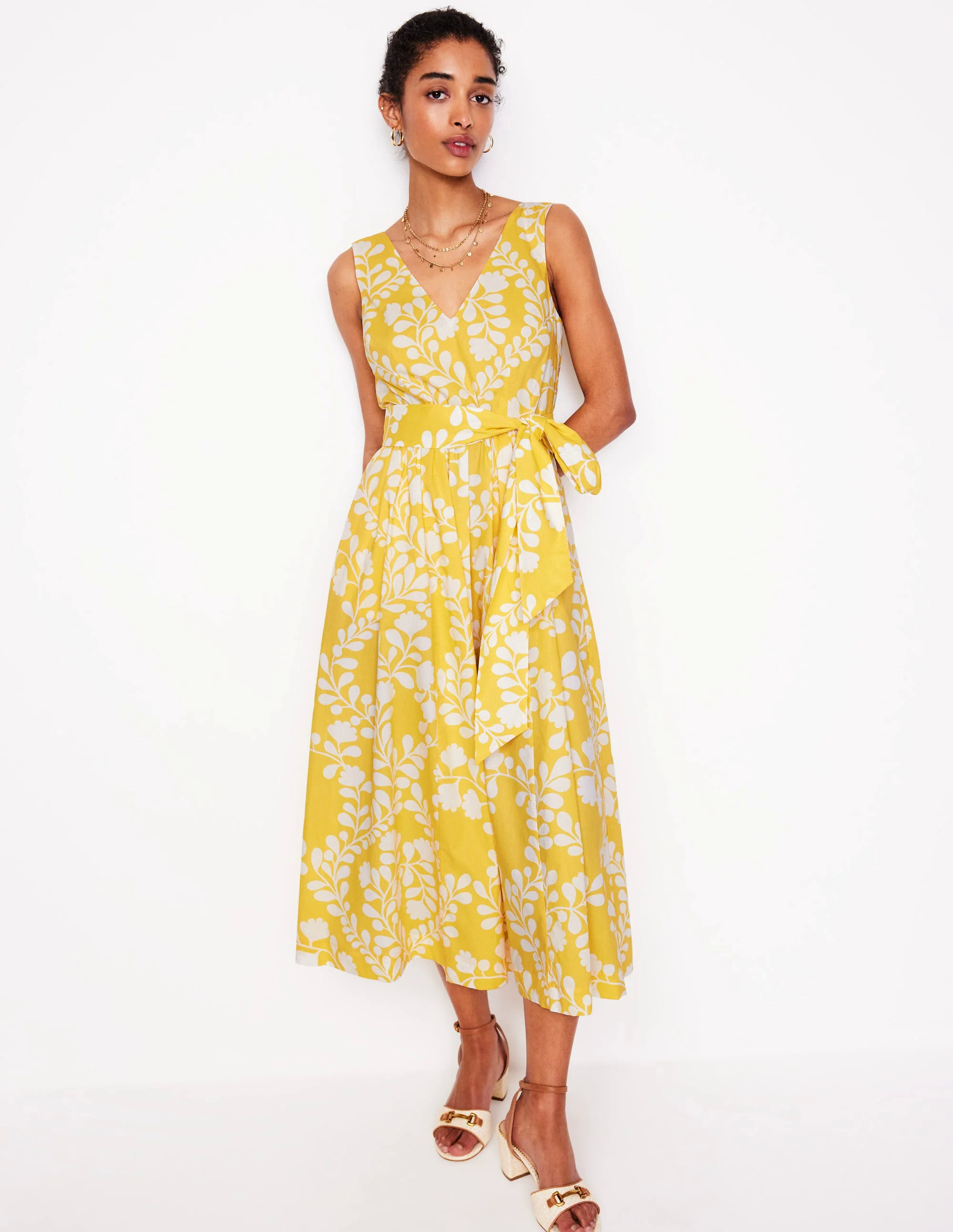 V-Neck Belted Flare Dress-Yellow, Vine Silhouette