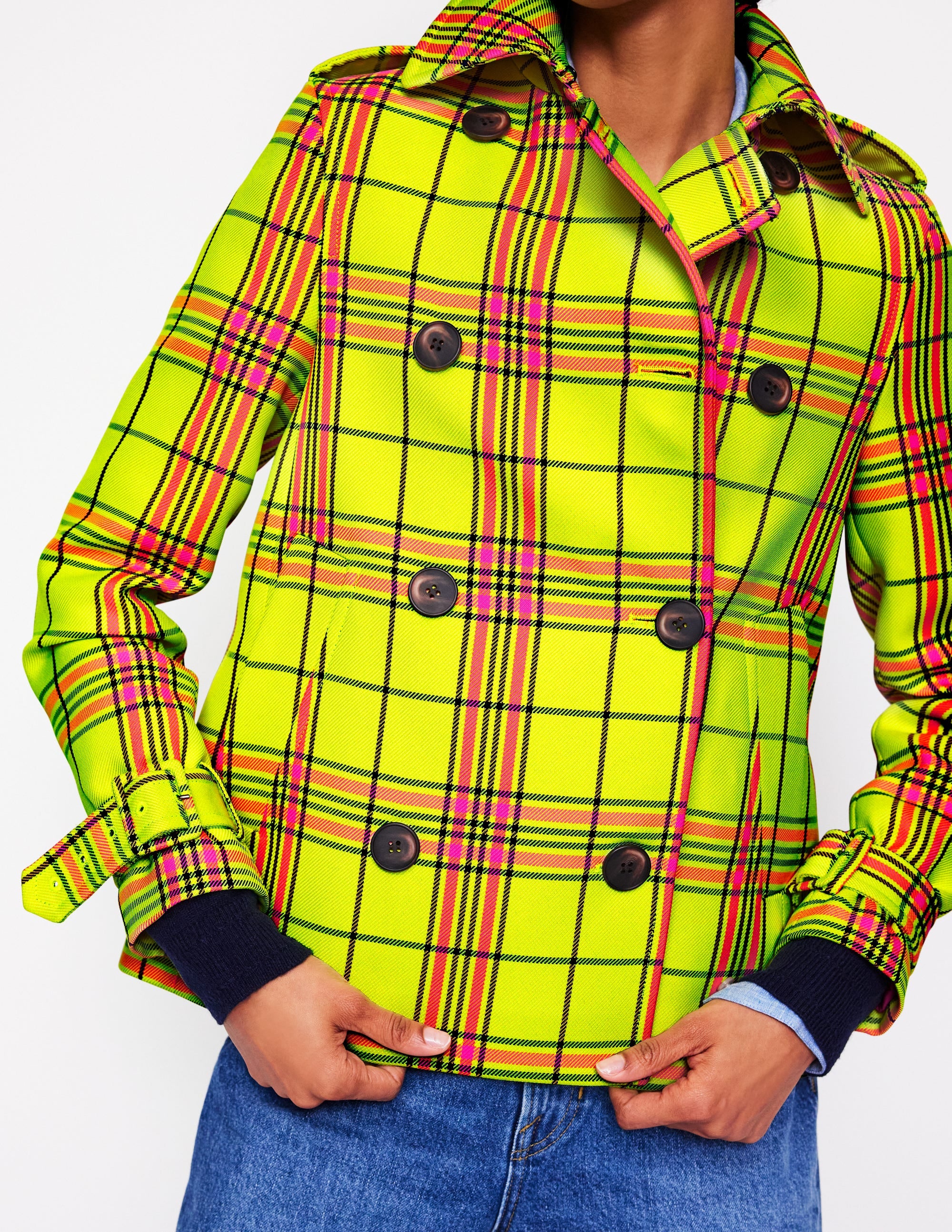 Mayfair Cropped Trench-Neon Yellow Check