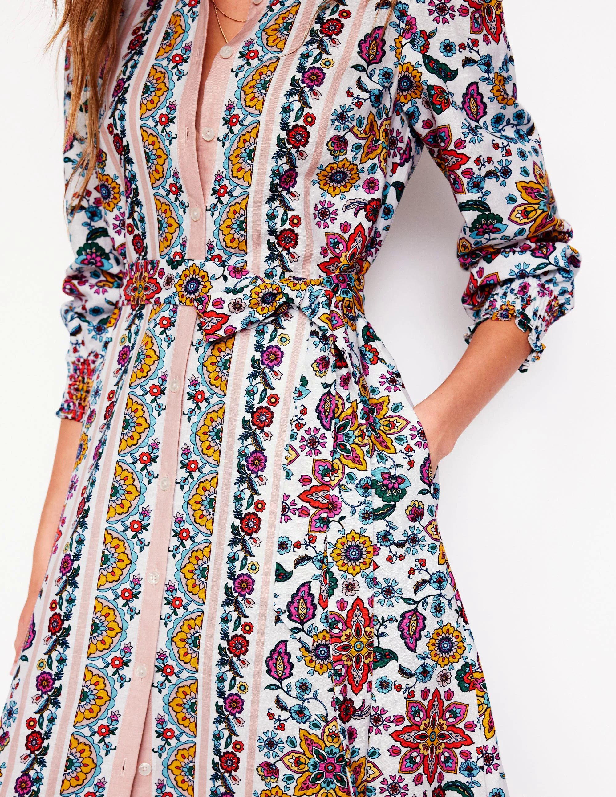 Ruby Linen Blend Shirt Dress-Ivory, Botanical Sprig