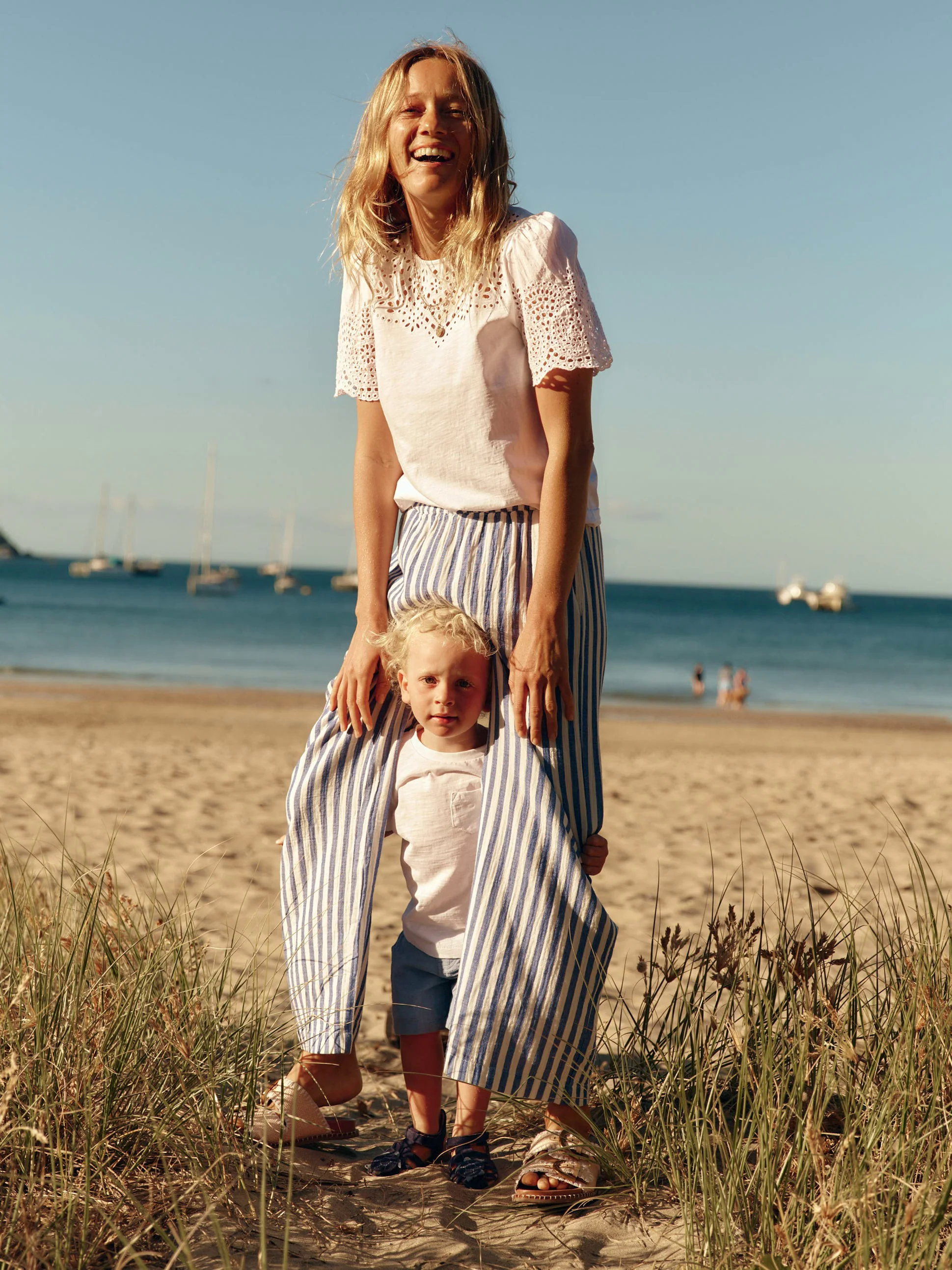 Cropped Double Cloth Pants-Bright Blue Stripe