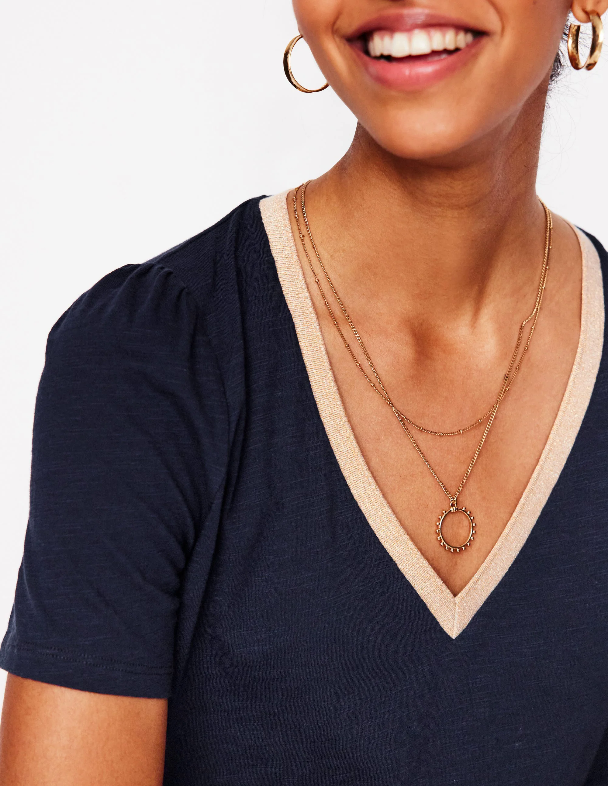 Metallic Trim V Neck T-shirt-Navy