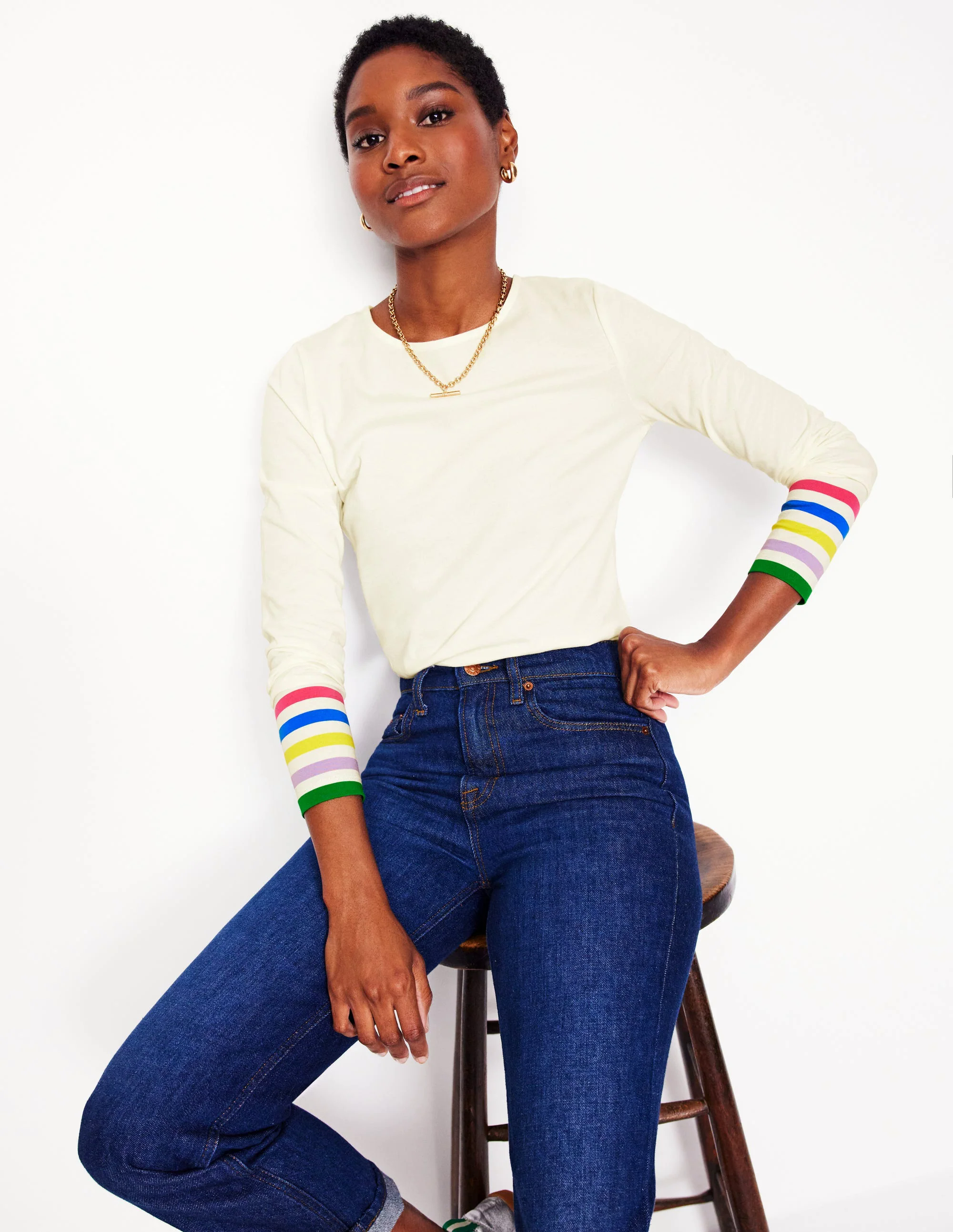 Stripe Cuff Top-Ivory Rainbow Stripe Cuff