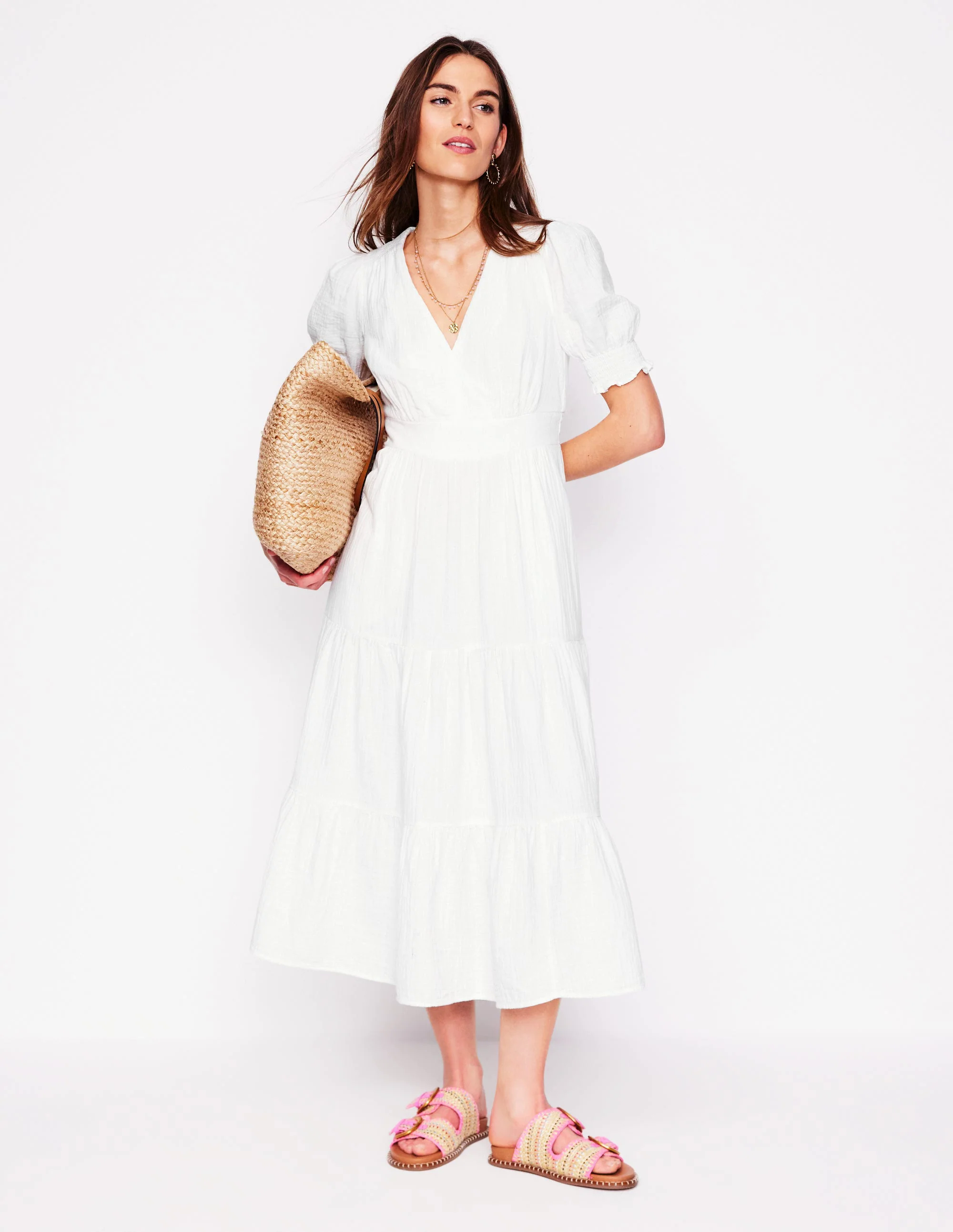 Anna Double Cloth Midi Dress-White