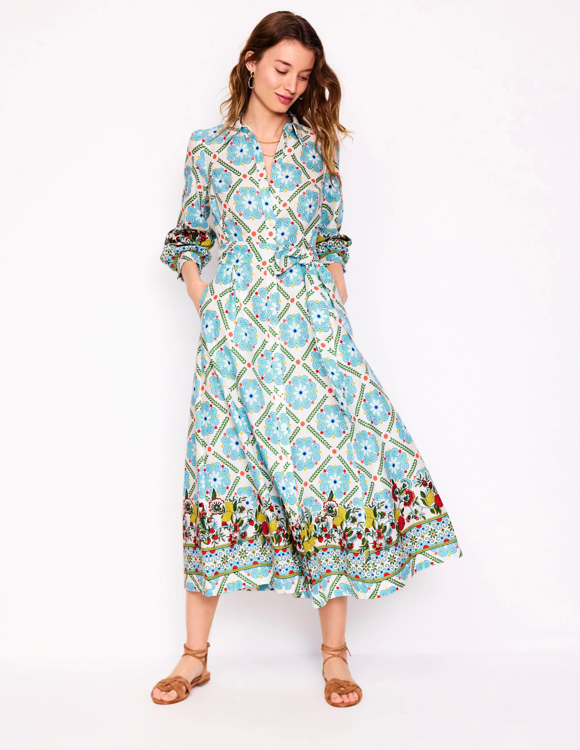 Clara Linen Blend Shirt Dress-Multi, Citrus Vine Tile