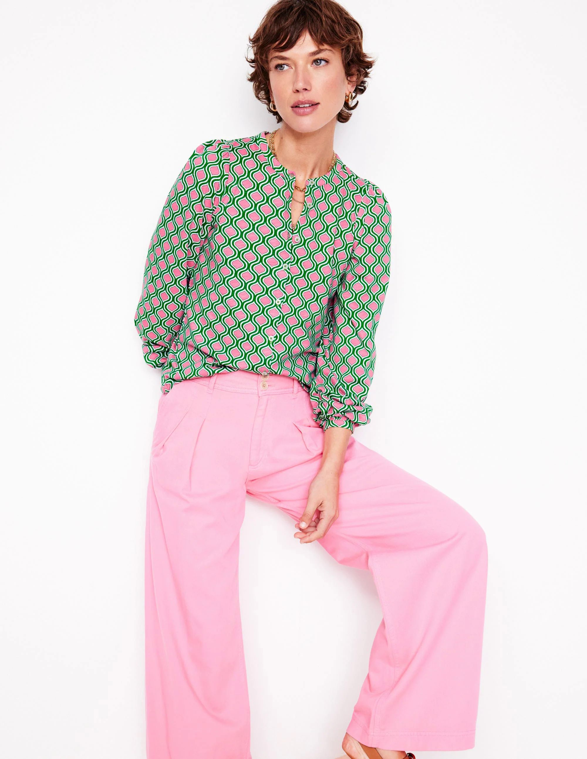 Marina Jersey Shirt-Rich Emerald, Geo Trellis