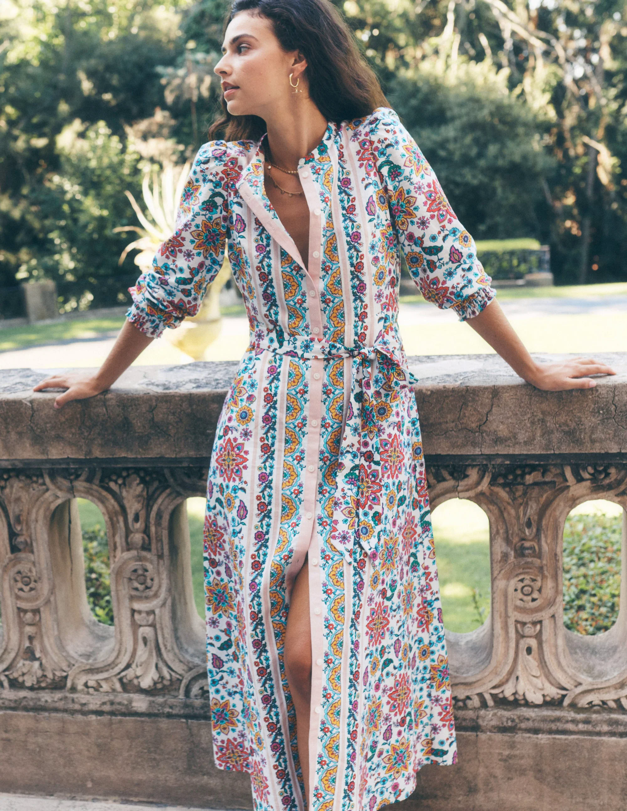 Ruby Linen Blend Shirt Dress-Ivory, Botanical Sprig