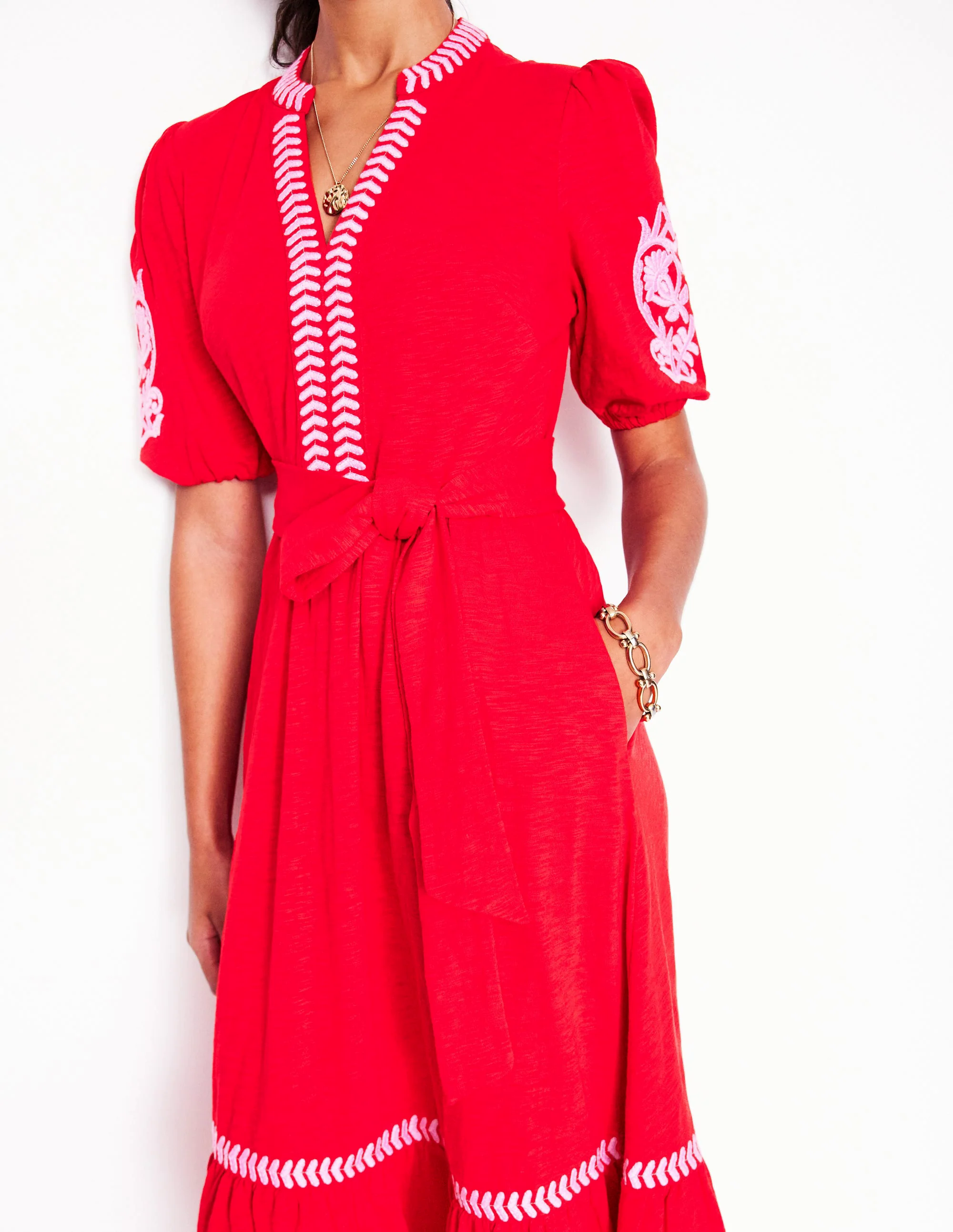 Amara Embroidered Jersey Dress-Poppy Red, Pink Peony Amara Embroidered Jersey Dress-Poppy Red, Pink Peony