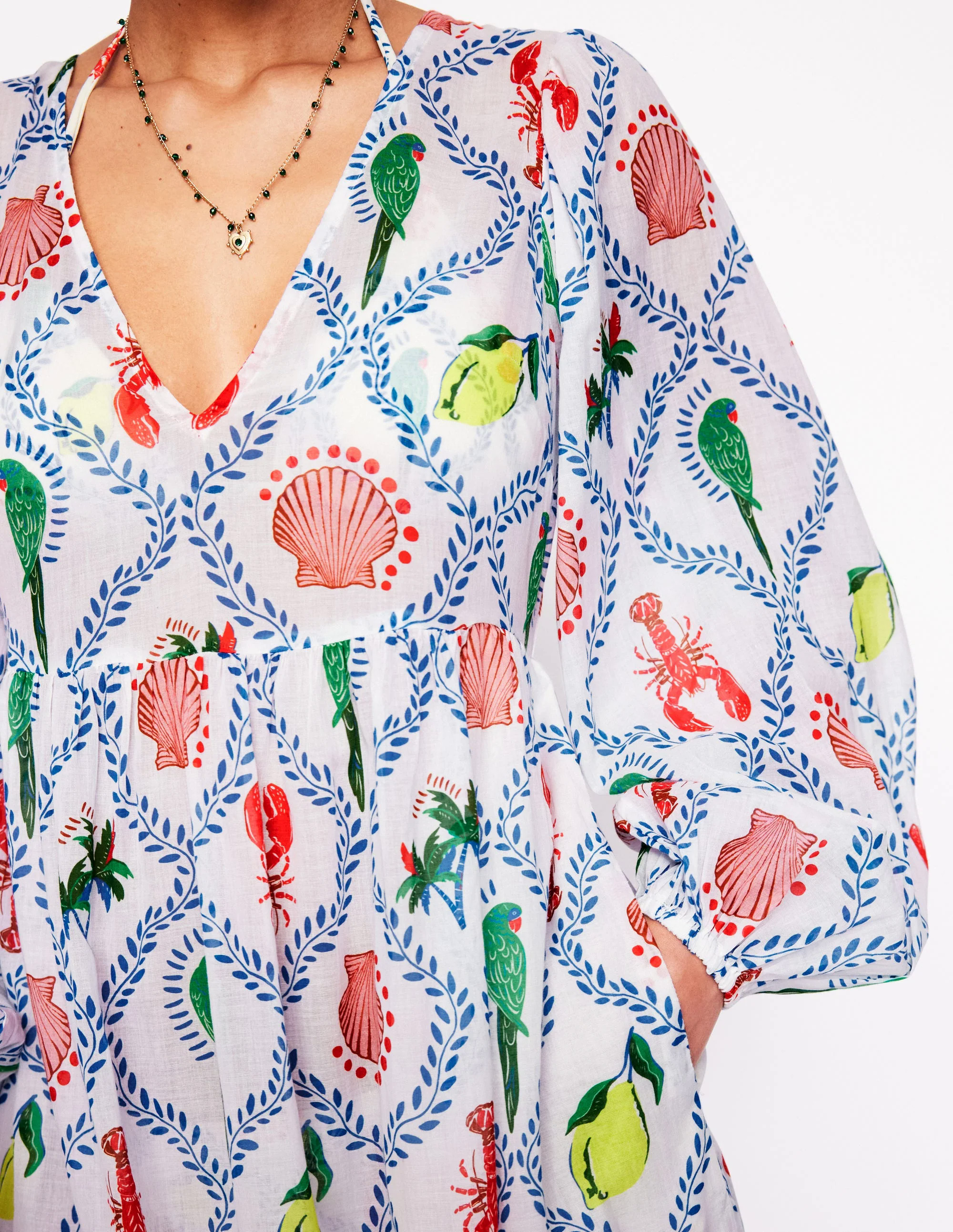 V-Neck Tiered Cotton Kaftan-Ivory, Tropical Bonanza