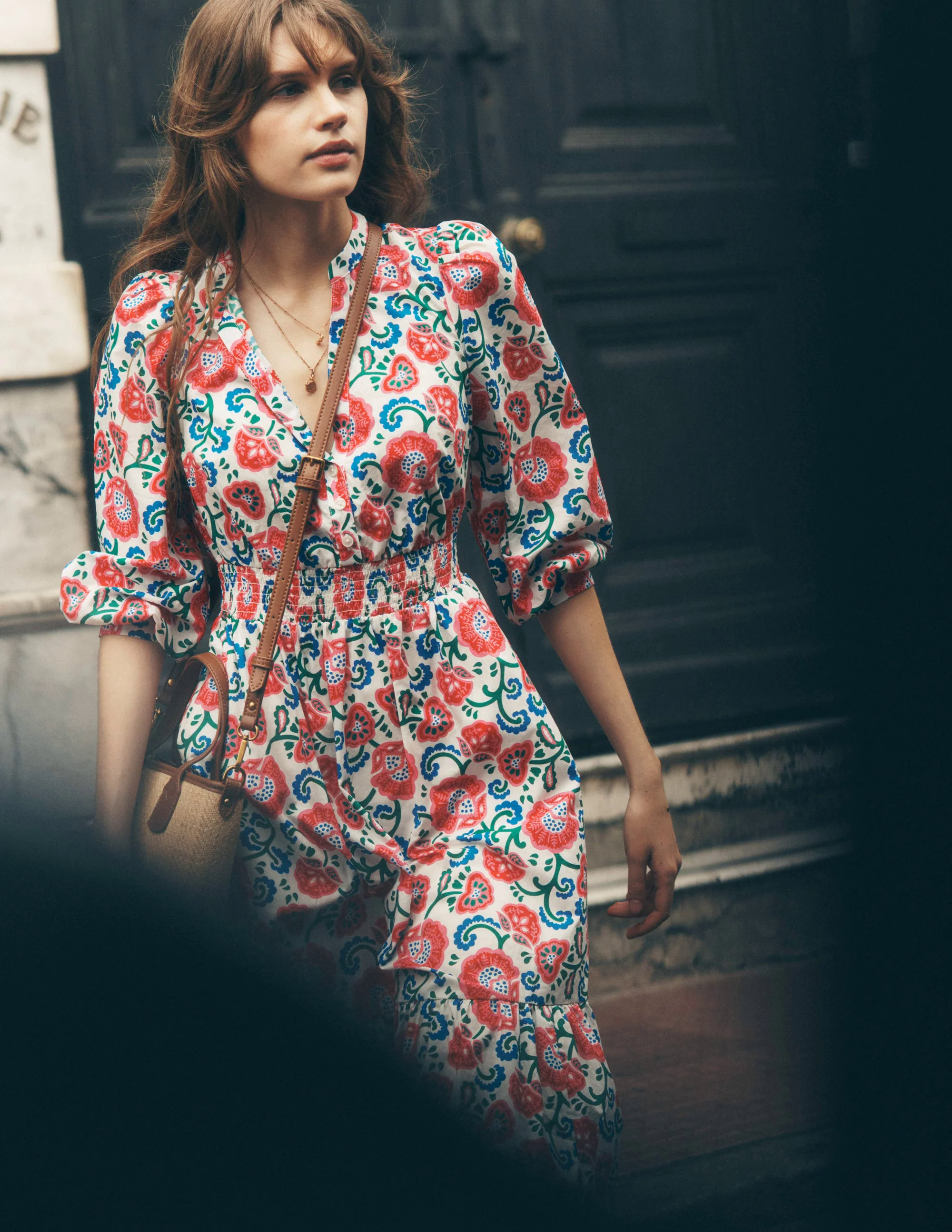 Elena Tiered Cotton Midi Dress-Ivory, Garden Vine