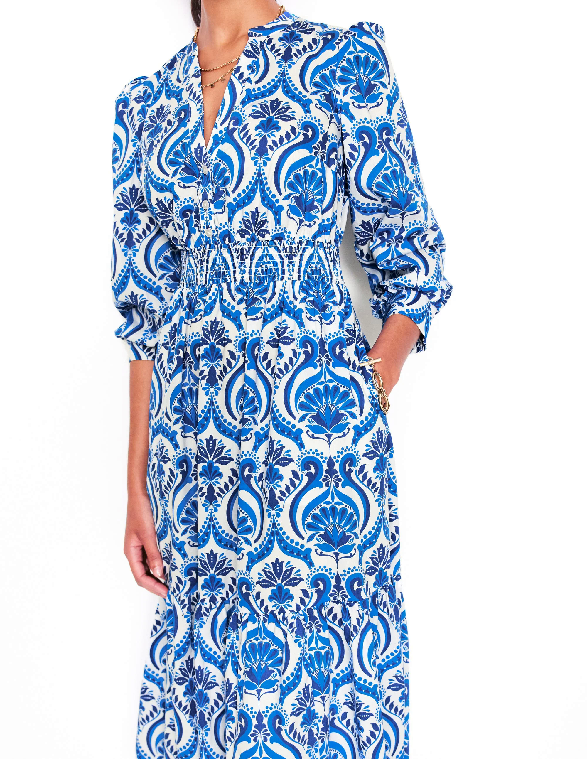 Elena Tiered Cotton Midi Dress-Blue, Ornamental Floral