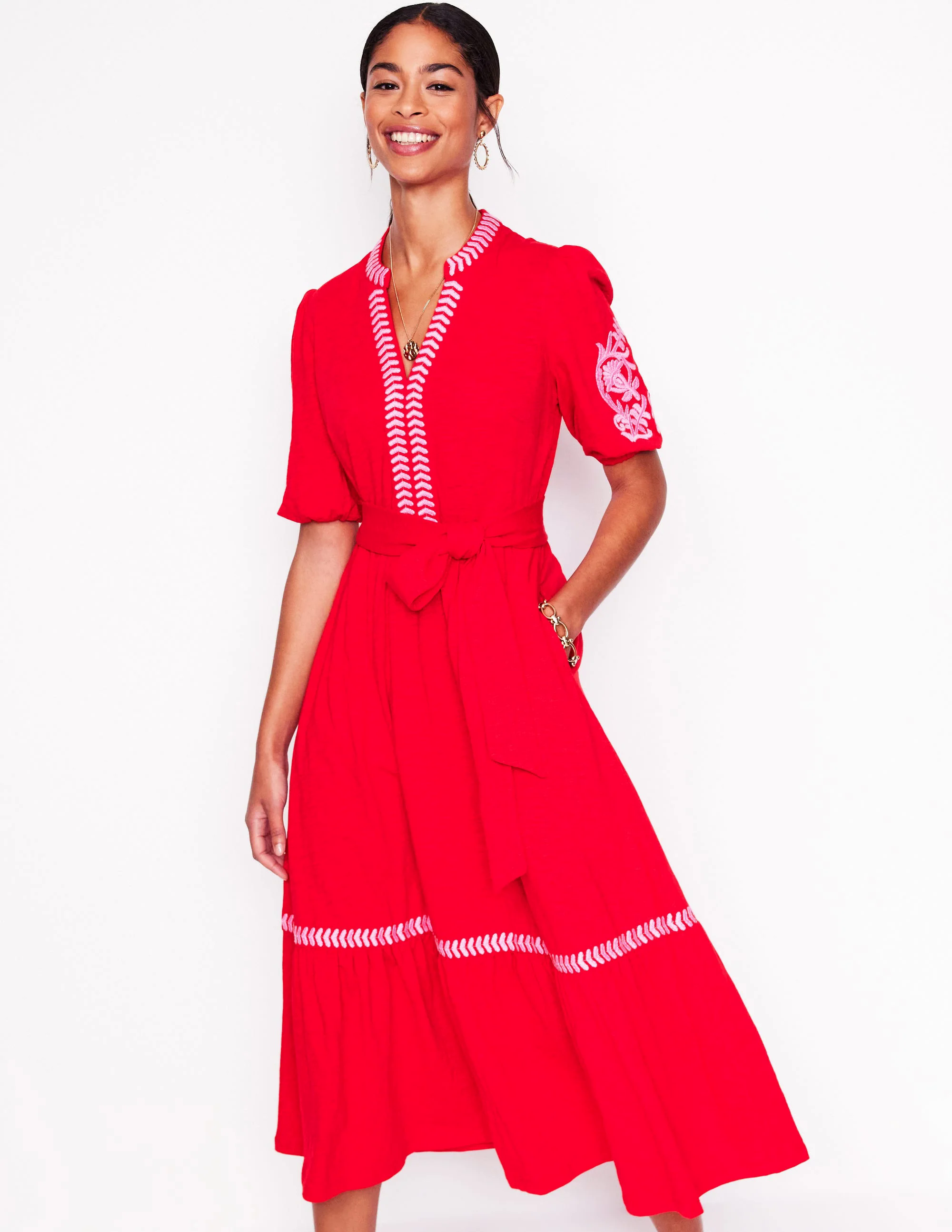 Amara Embroidered Jersey Dress-Poppy Red, Pink Peony Amara Embroidered Jersey Dress-Poppy Red, Pink Peony