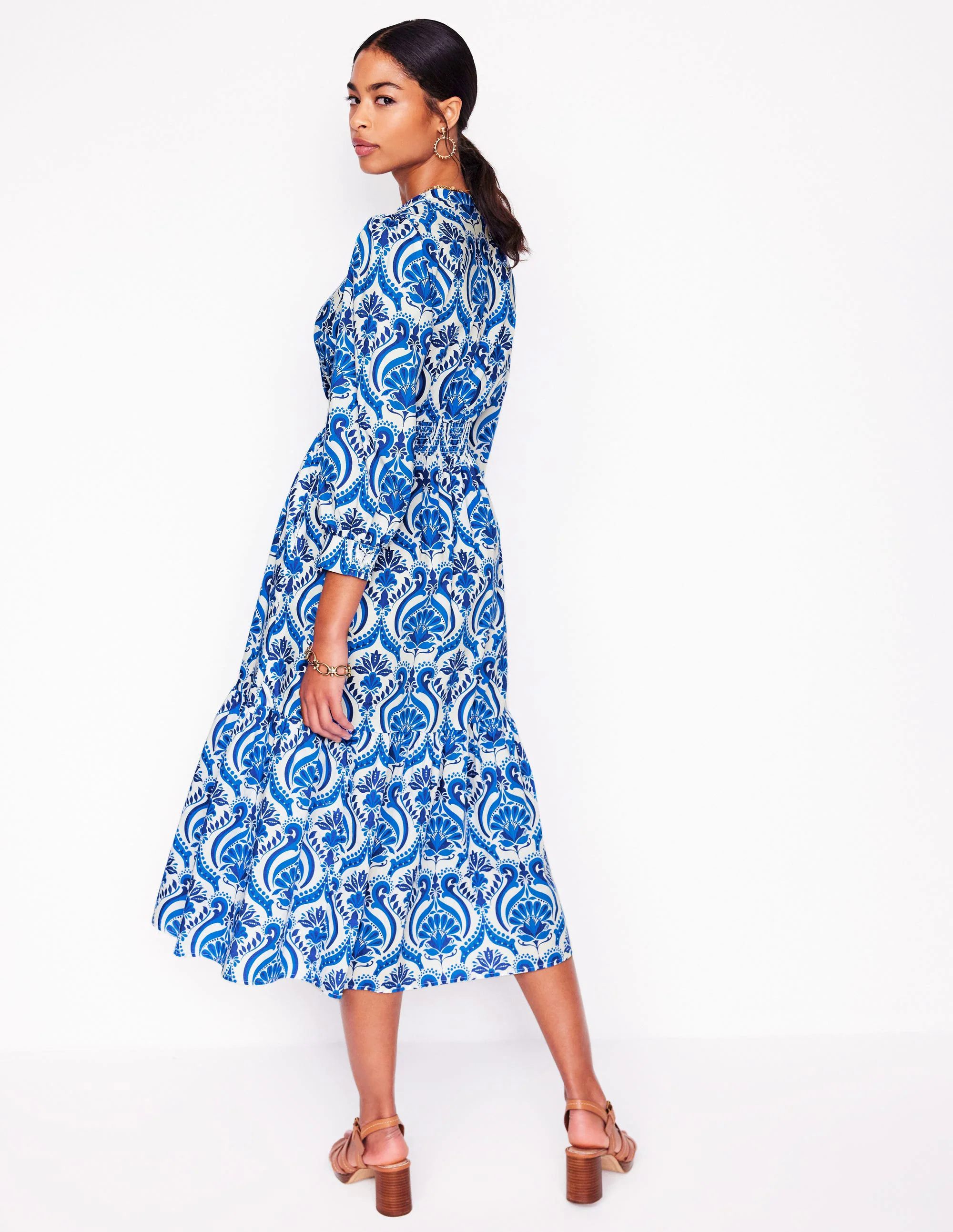 Elena Tiered Cotton Midi Dress-Blue, Ornamental Floral