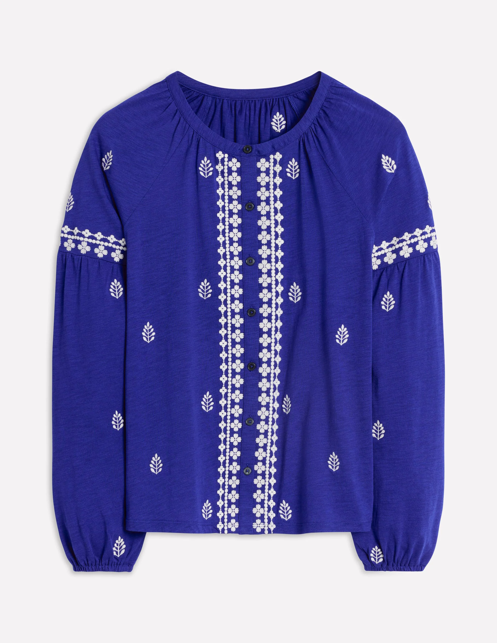 Embroidered Seam Sleeve Shirt-Bright Blue Embroidered Seam Sleeve Shirt-Bright Blue