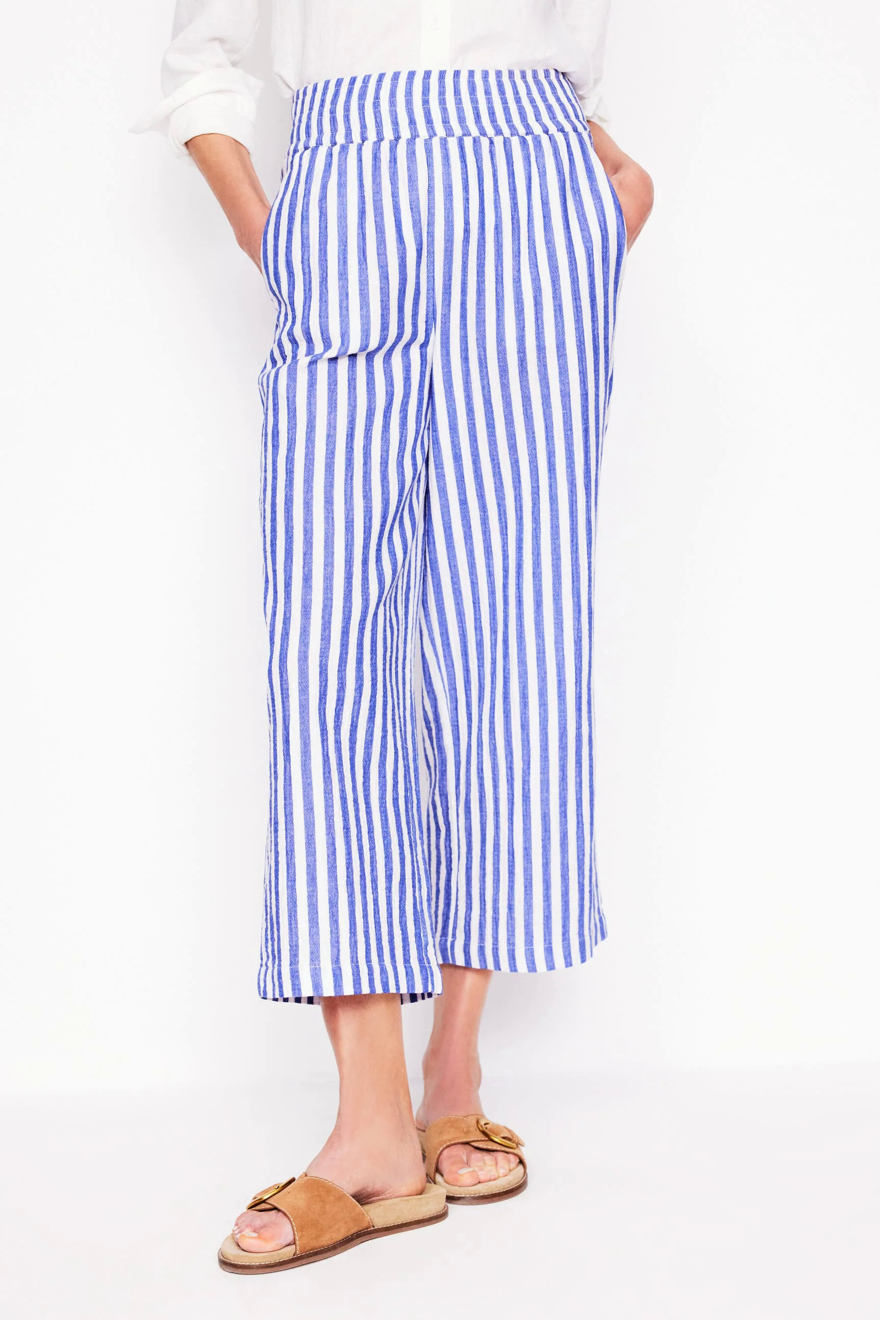 Cropped Double Cloth Pants-Bright Blue Stripe