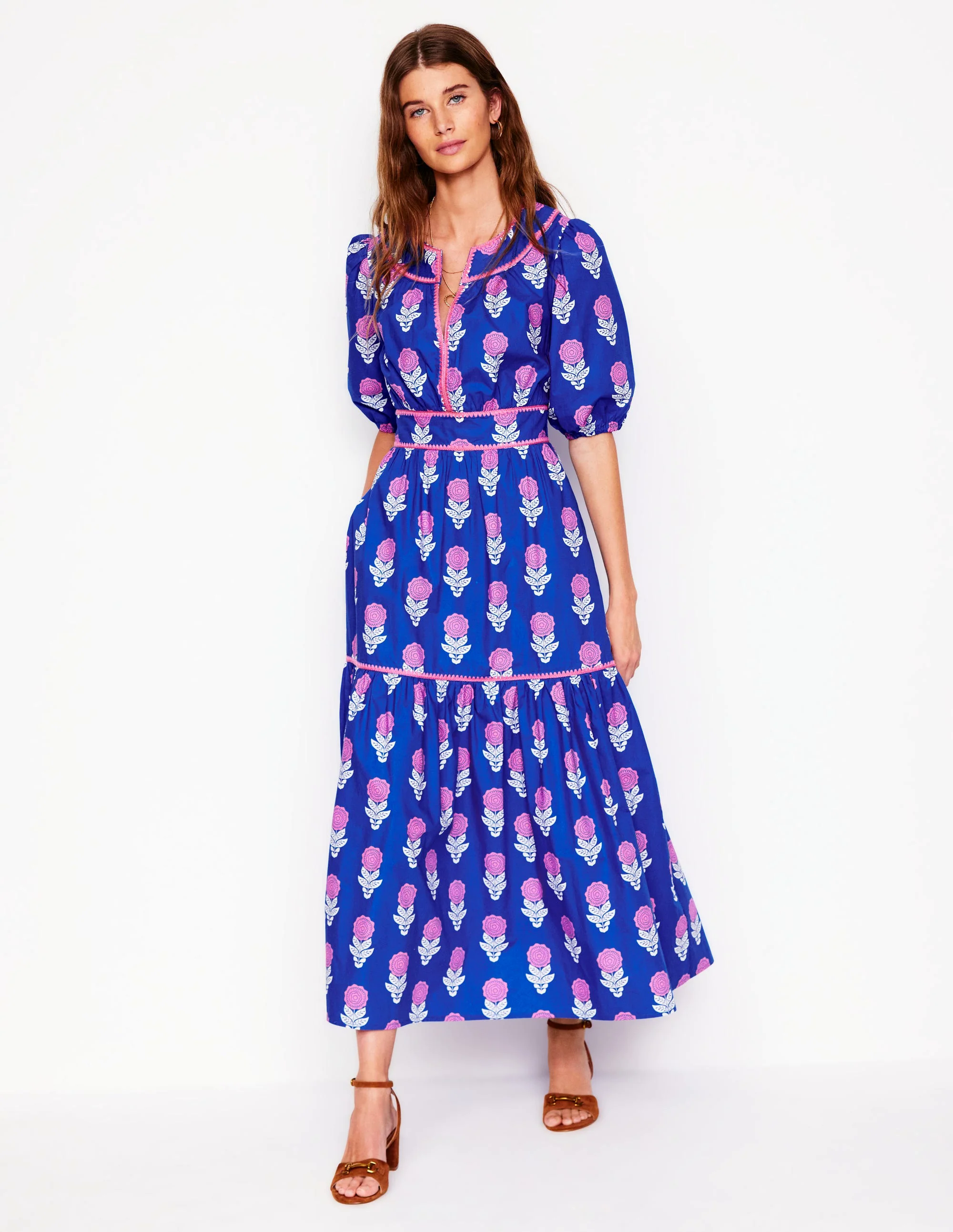 Rhea Embroidered Midi Dress-Gallery Blue, Dahlia Sprig