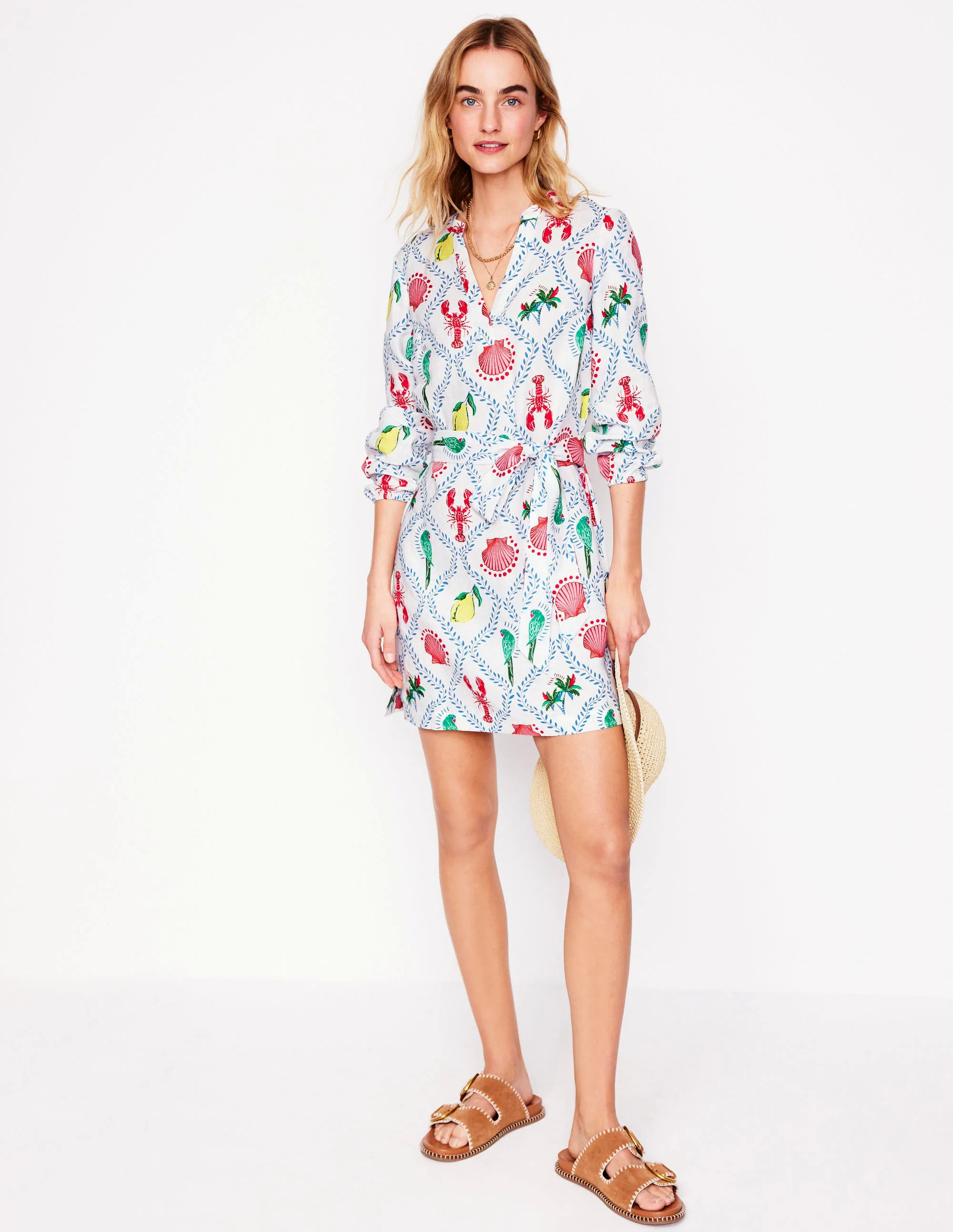 Cleo Linen Tie Waist Dress-Ivory, Tropical Bonanza Vine