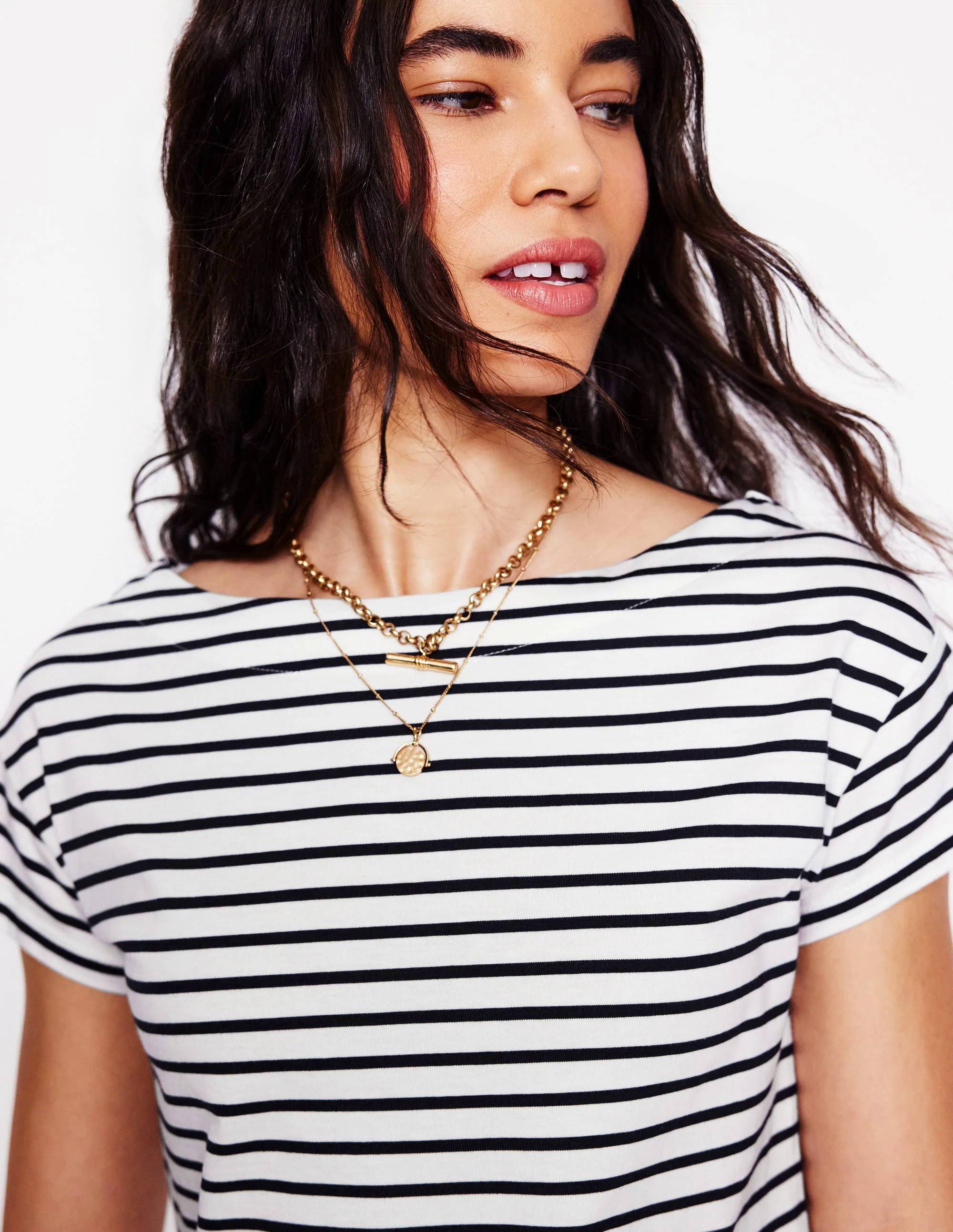 Supersoft Boat Neck T-Shirt-Ivory, Navy Stripe Supersoft Boat Neck T-Shirt-Ivory, Navy Stripe