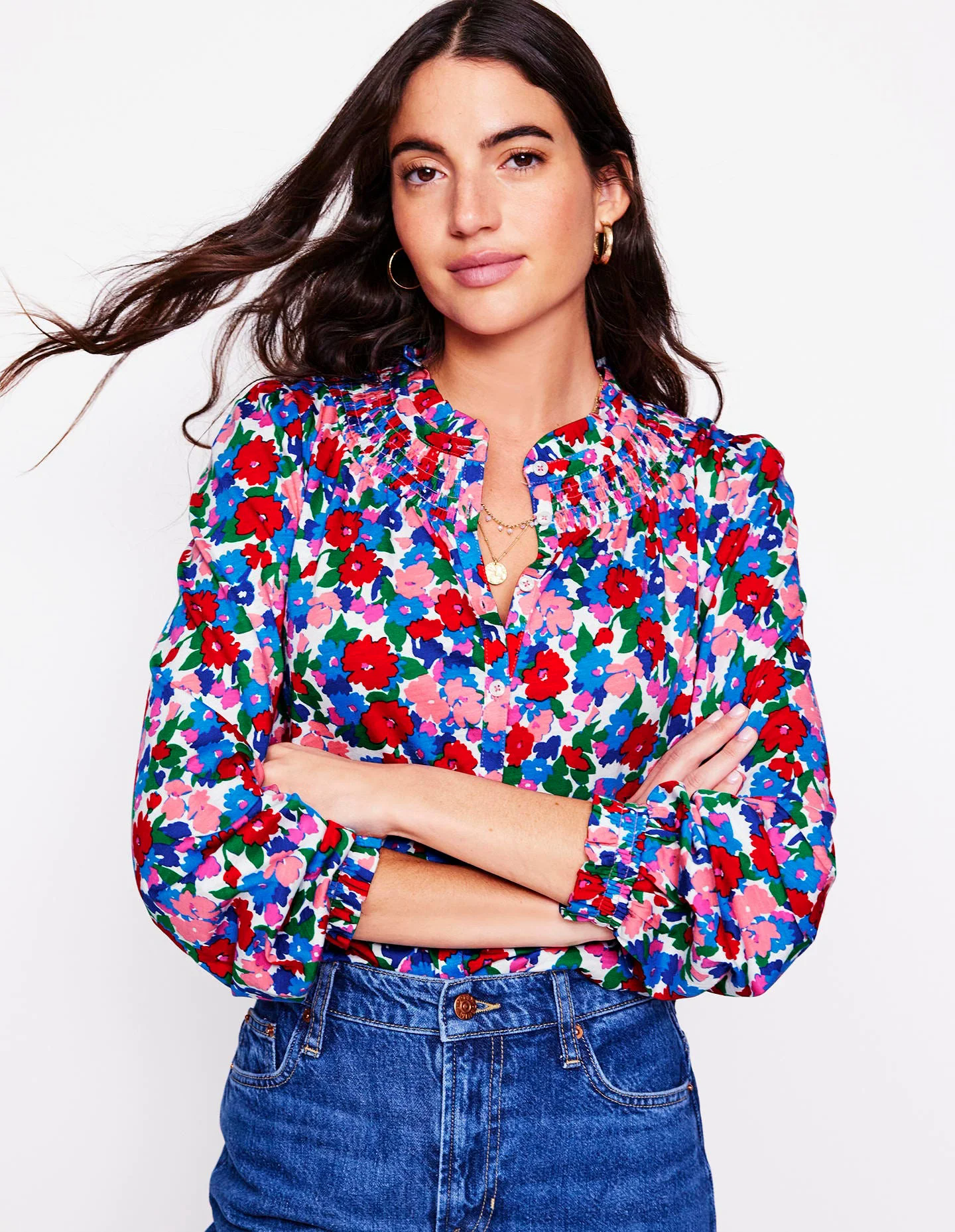 Fay Smocked Jersey Shirt-Multi, Painterly Meadow Fay Smocked Jersey Shirt-Multi, Painterly Meadow