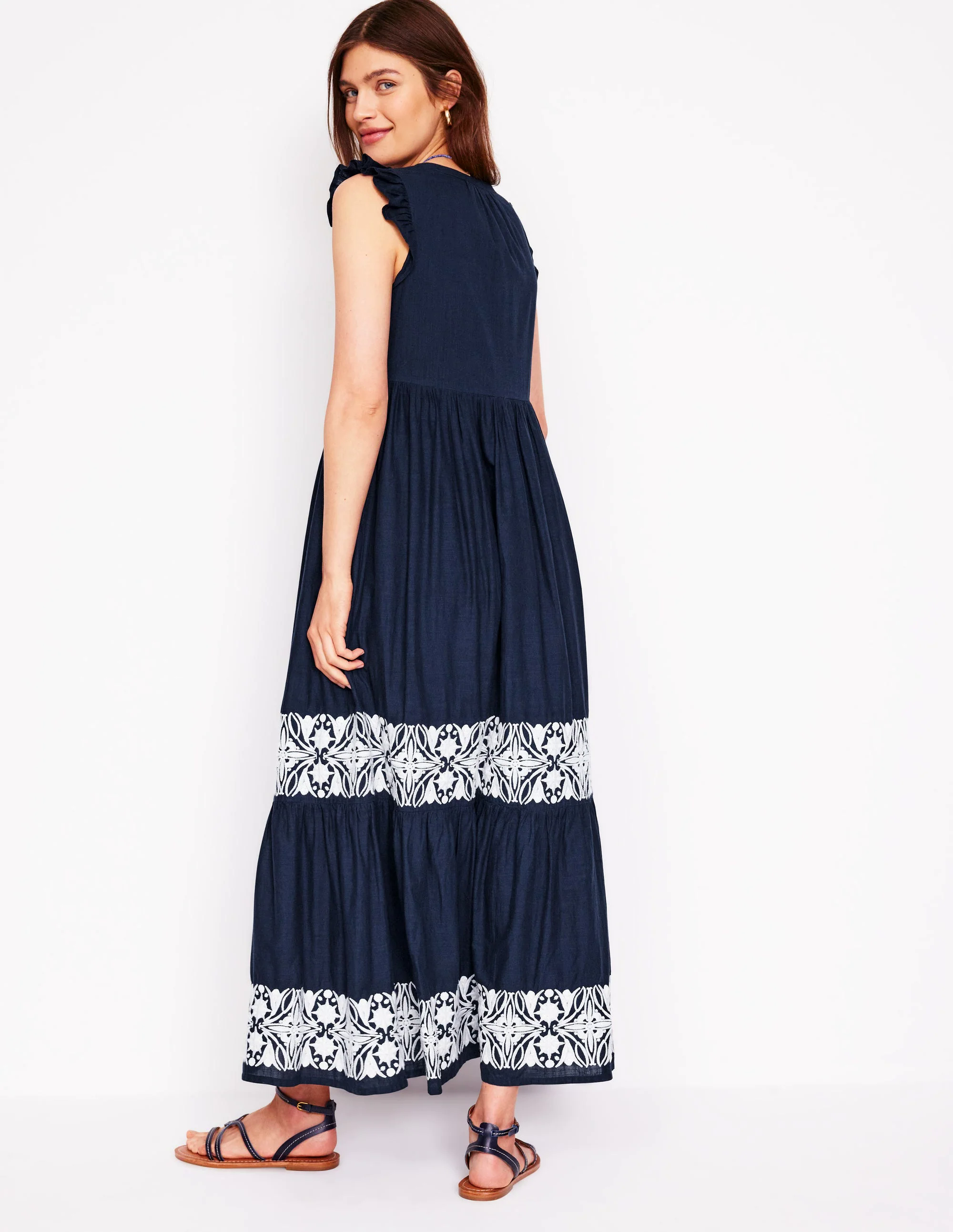 Tie Neck Tier Dress-Navy
