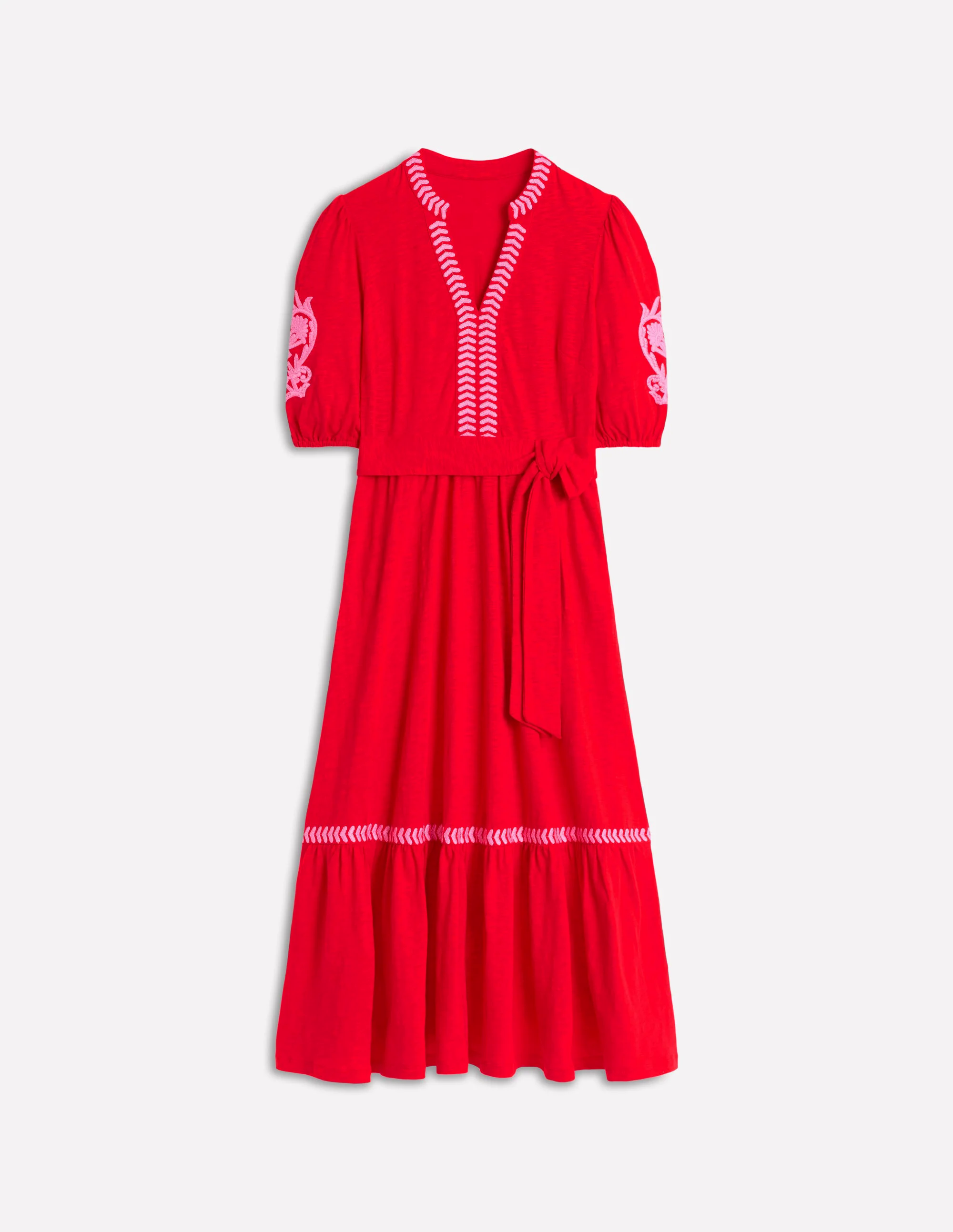Amara Embroidered Jersey Dress-Poppy Red, Pink Peony Amara Embroidered Jersey Dress-Poppy Red, Pink Peony