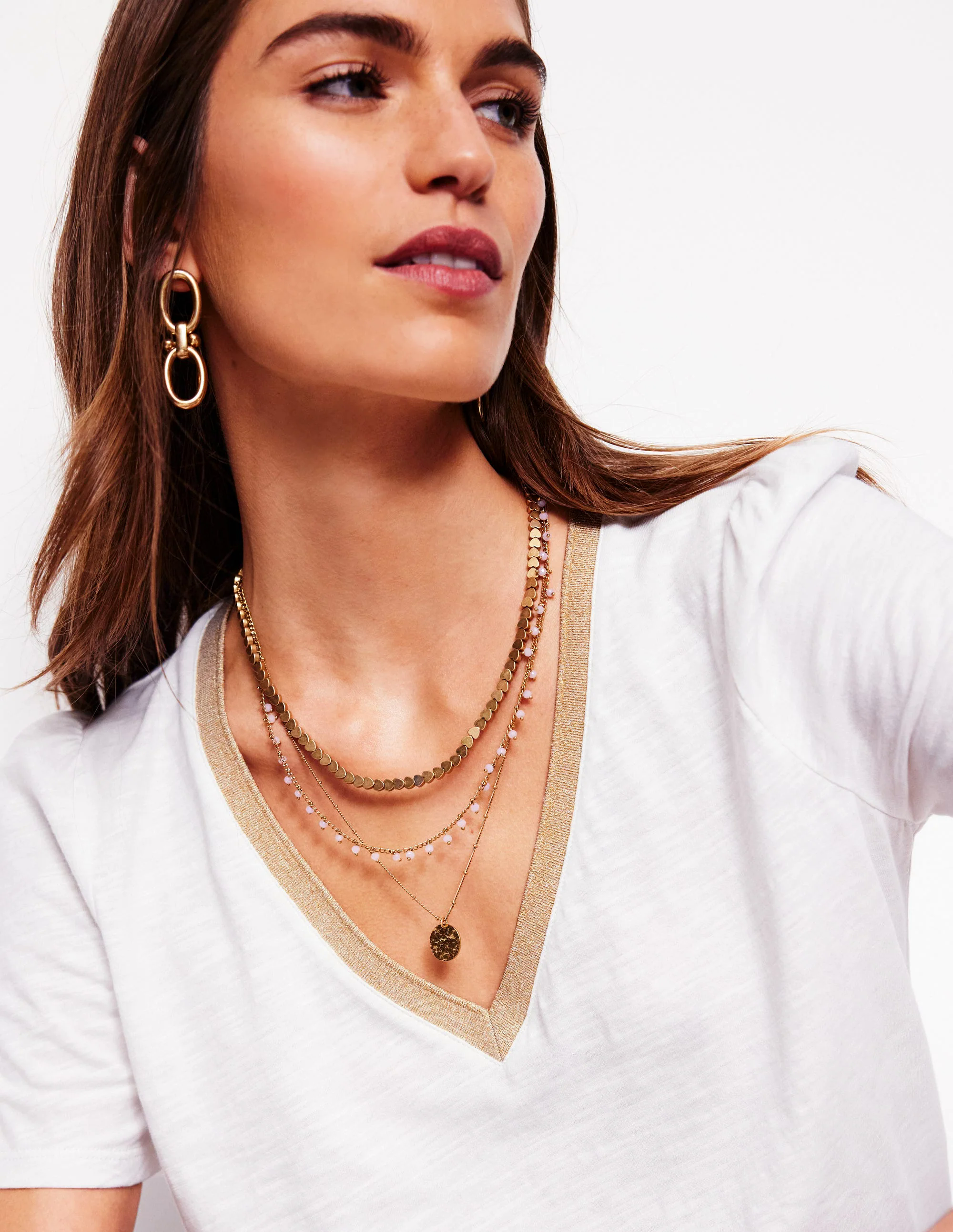 Metallic Trim V Neck T-shirt-White