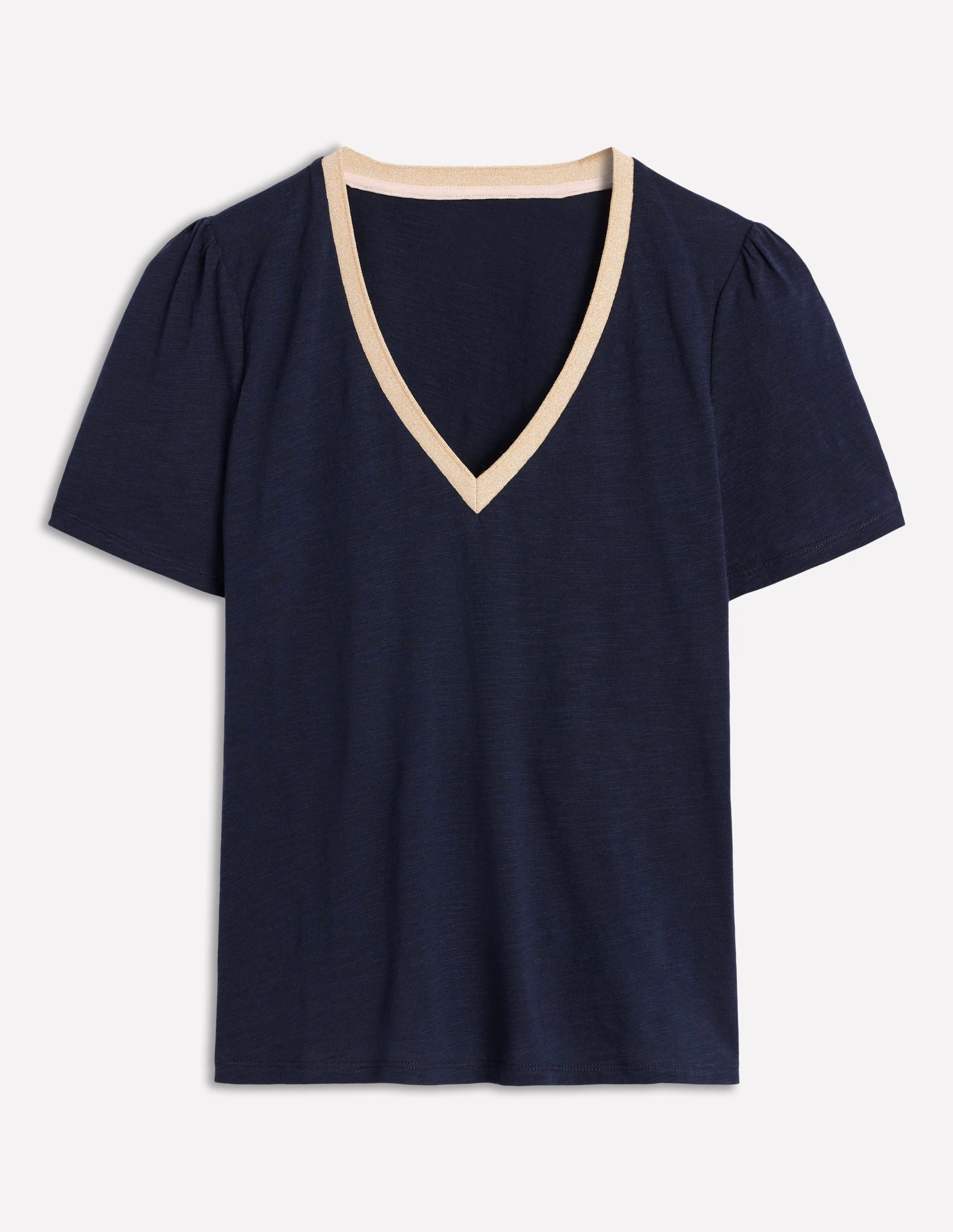 Metallic Trim V Neck T-shirt-Navy