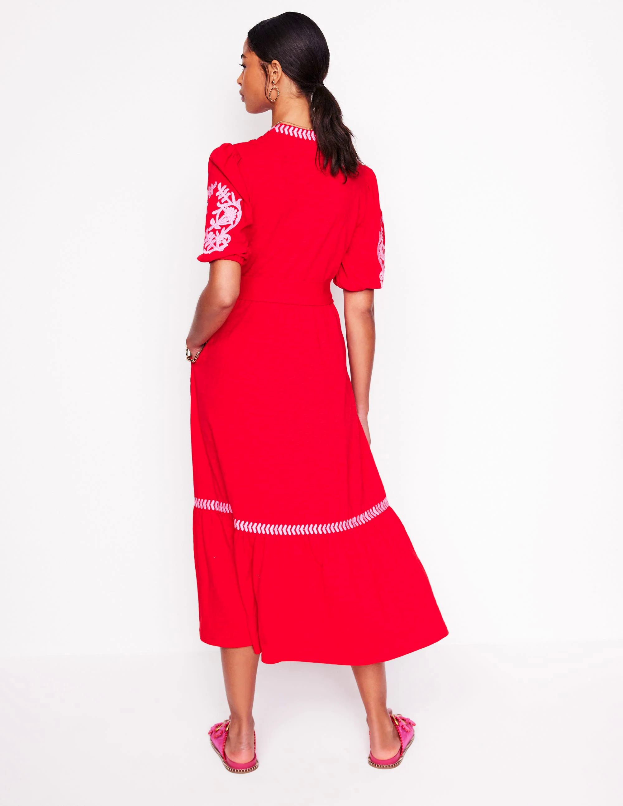 Amara Embroidered Jersey Dress-Poppy Red, Pink Peony Amara Embroidered Jersey Dress-Poppy Red, Pink Peony