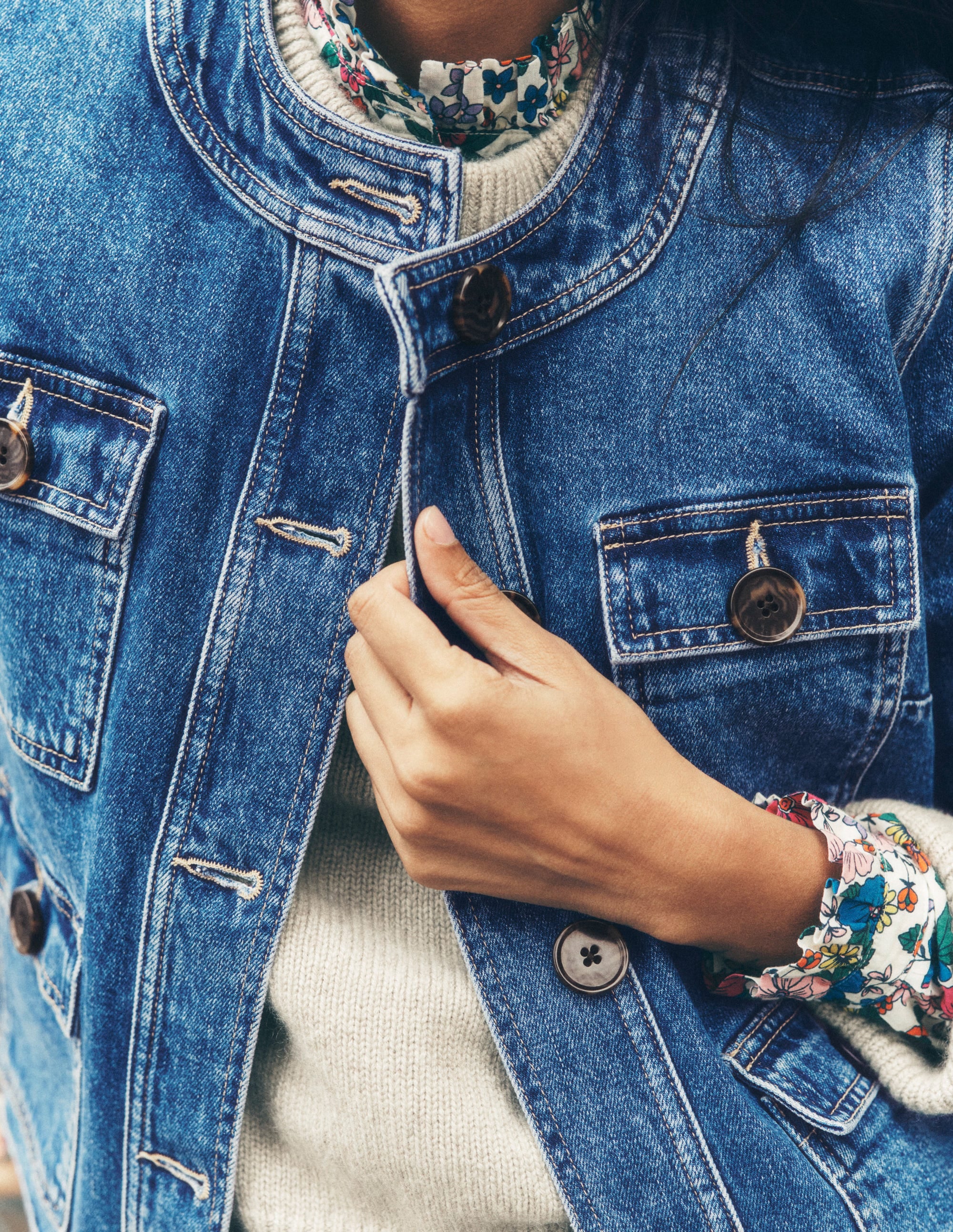 Collarless Casual Jacket-Mid Wash Denim Collarless Casual Jacket-Mid Wash Denim