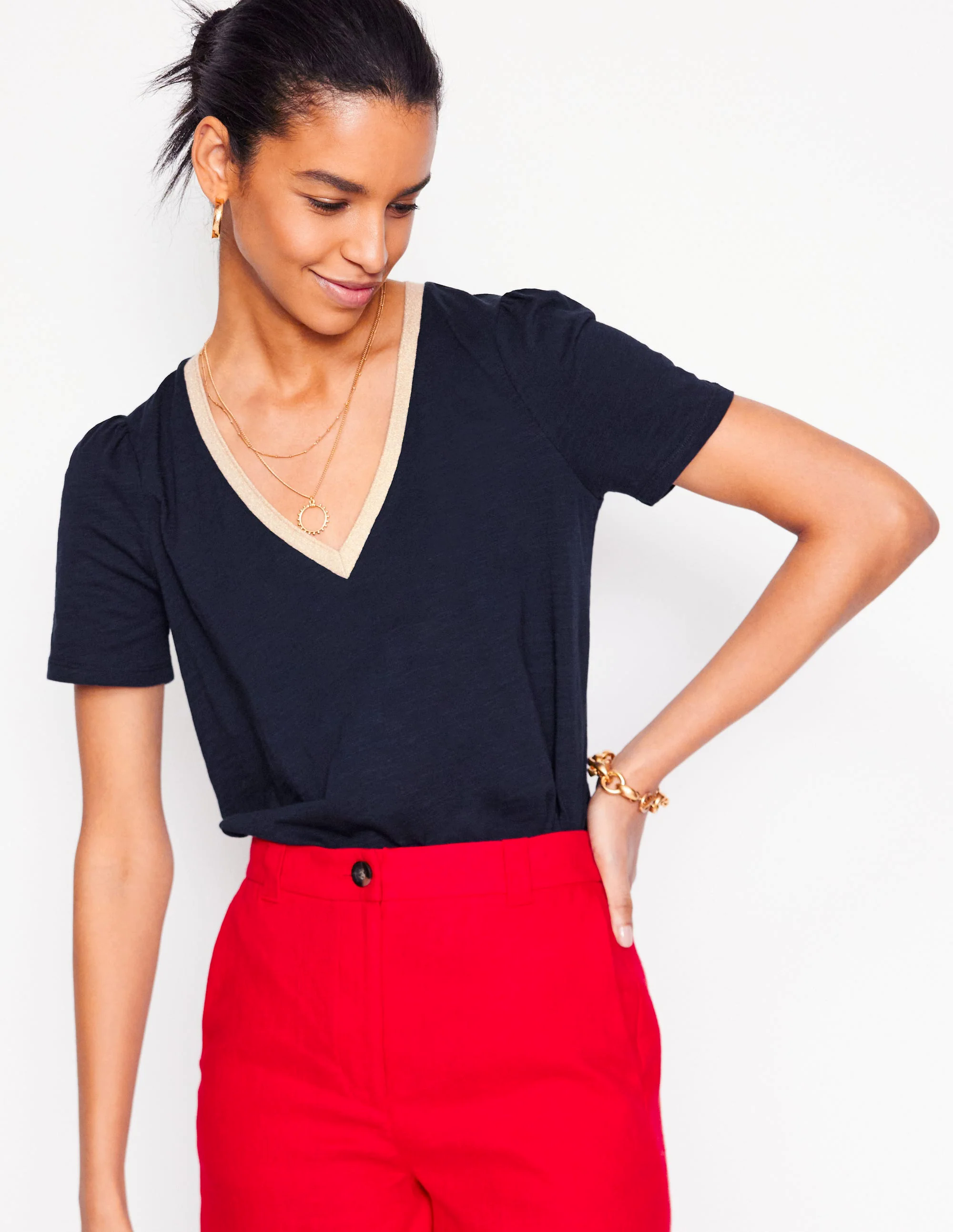 Metallic Trim V Neck T-shirt-Navy