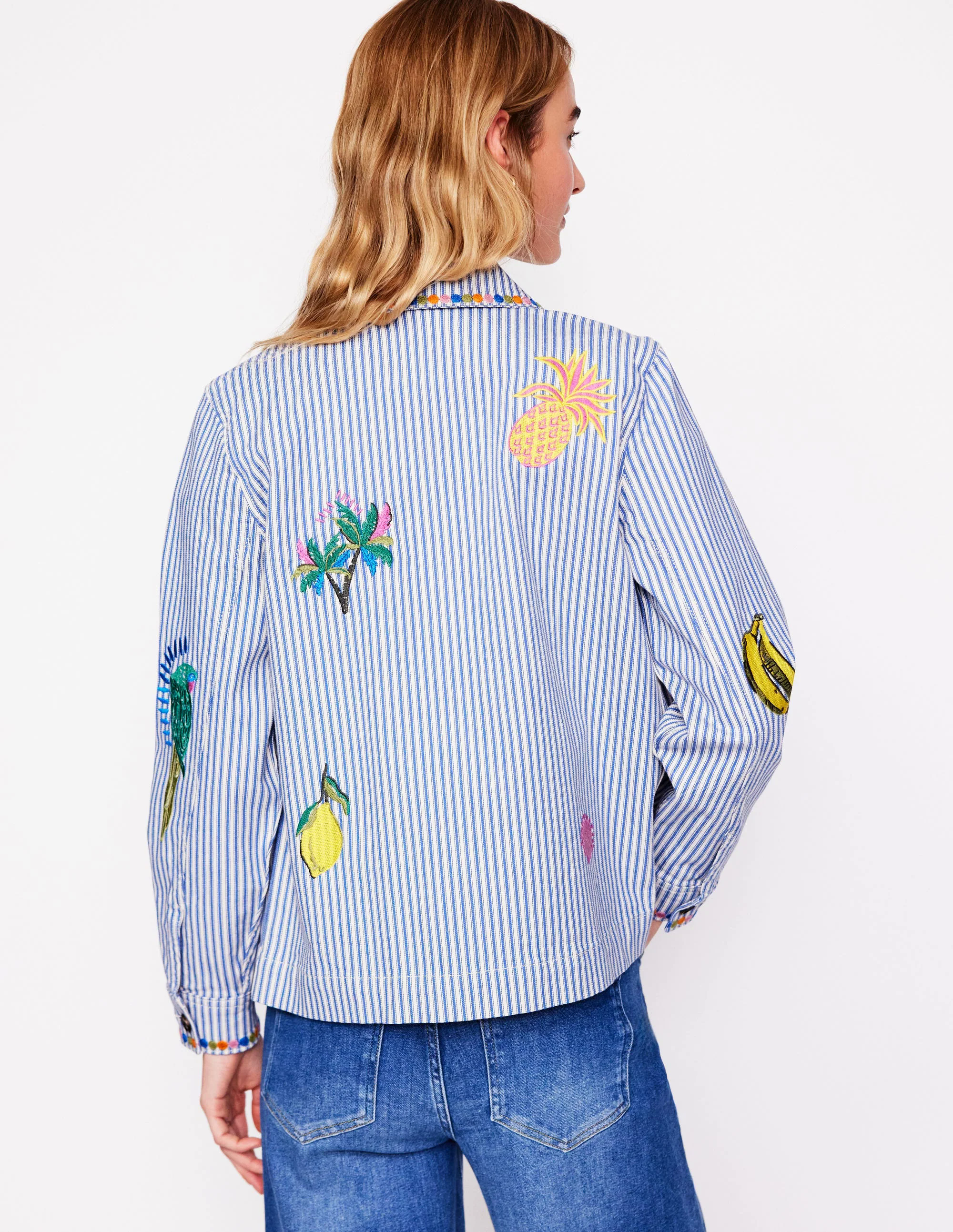 Embroidered Utility Jacket-Forget me not Blue Fine Stripe Embroidered Utility Jacket-Forget me not Blue Fine Stripe